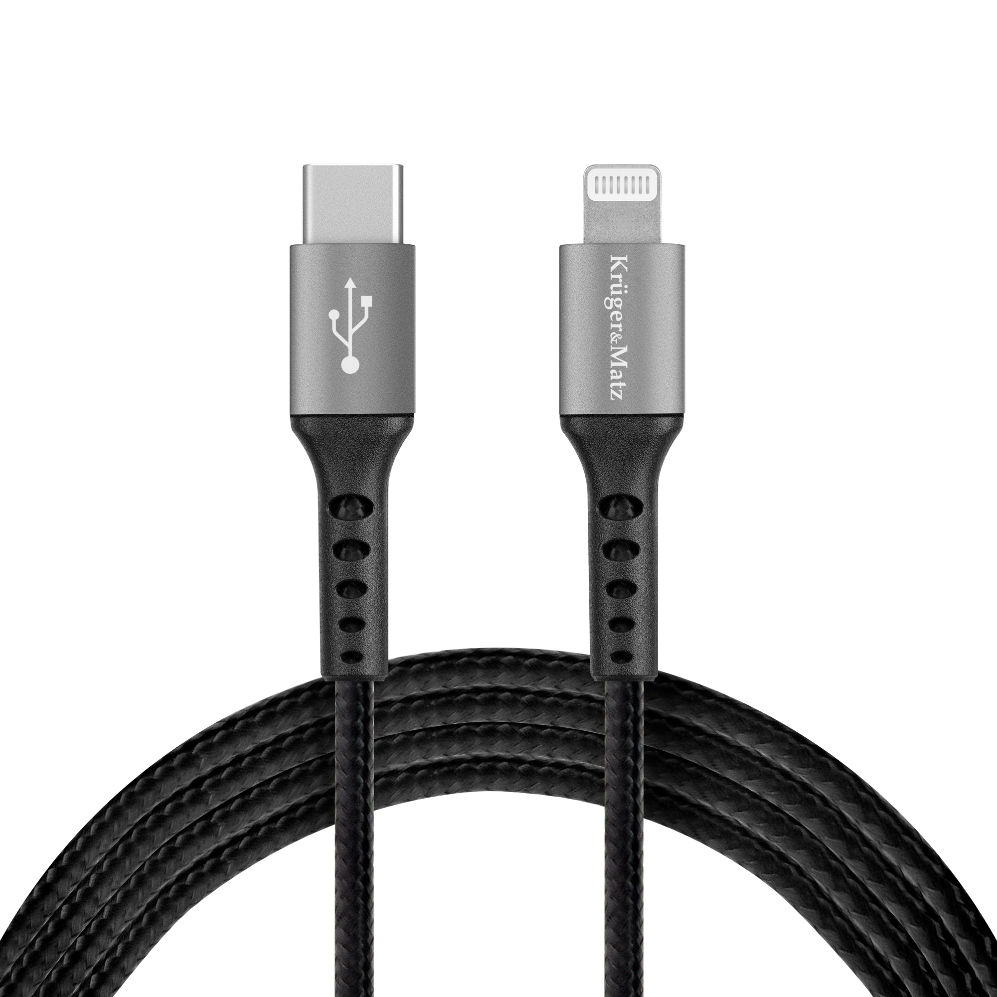 Szary kabel USB-C i Lightning z czarnymi plecionymi sznurami na czarnym tle.