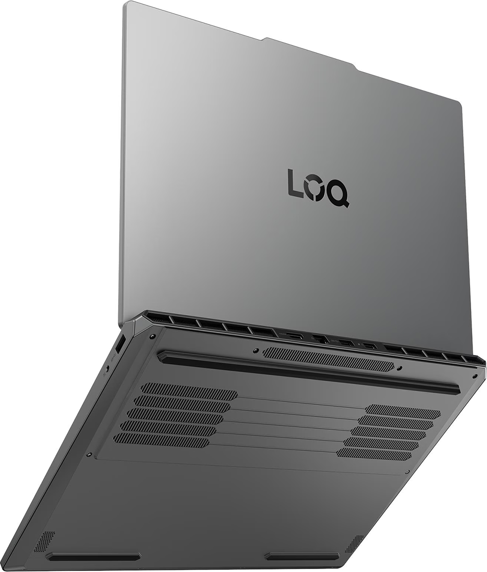 Arkadan görülen gri Lenovo LOQ dizüstü bilgisayar, havalandırma delikleri ve bağlantı noktalarıyla.