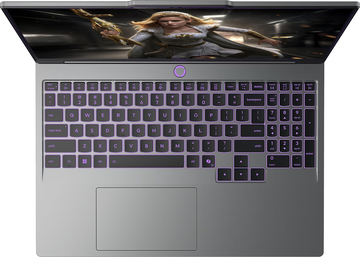 Mor arka aydınlatmalı klavyeye ve ekranda bir fantastik karaktere sahip gri bir oyun dizüstü bilgisayarı.