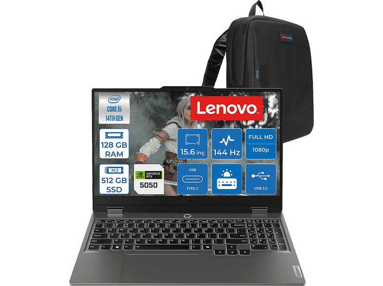 LENOVO LOQ DDR5 8 GB /RTX5050 /100 W 83JE0128TRF37 Intel Core i5 14500HX 128 GB RAM 512 GB SSD 15,6 inç FreeDOS Laptop+Çanta Luna Grey