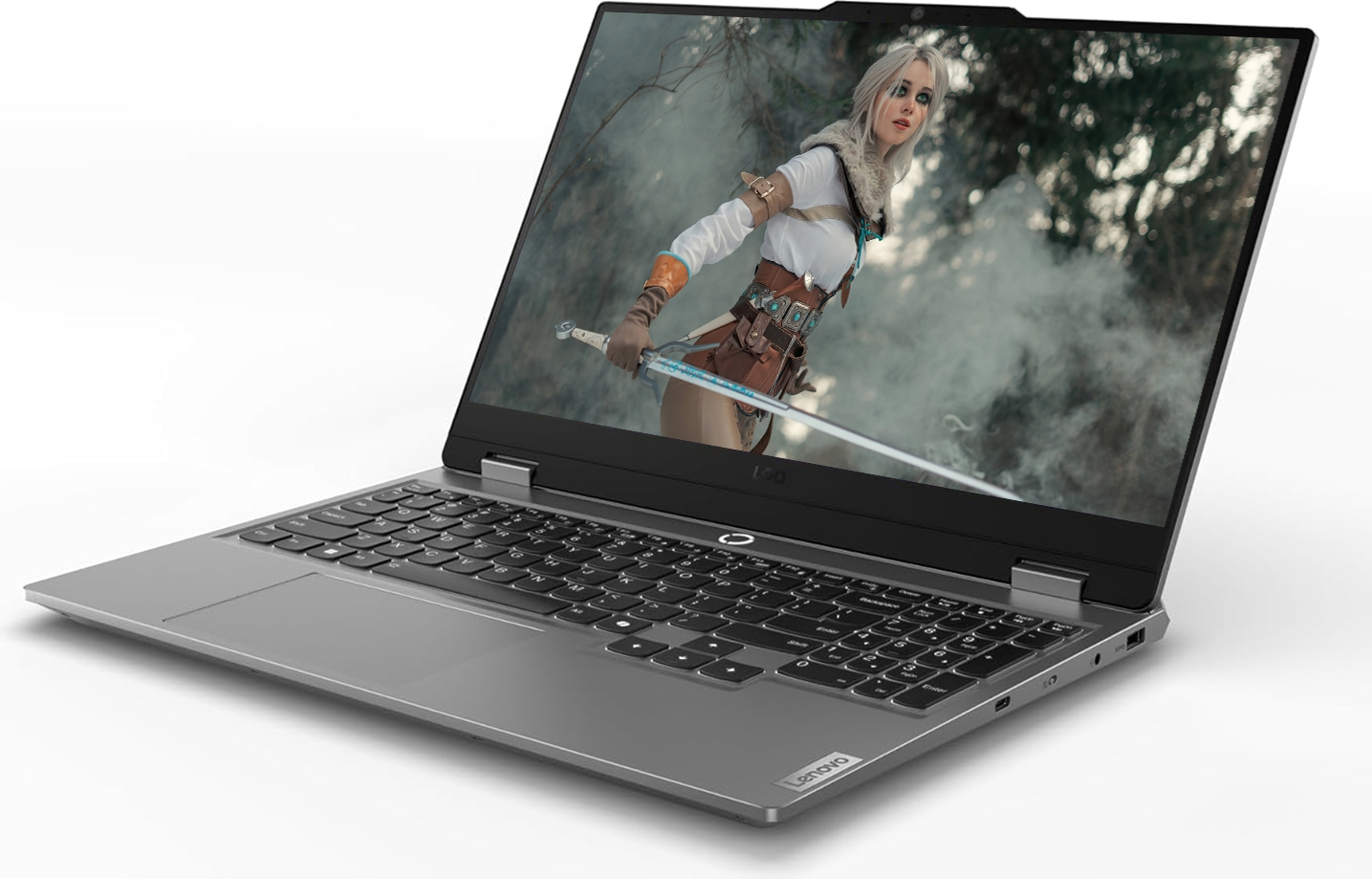 Gri bir Lenovo dizüstü bilgisayar, kılıç tutan bir kadın savaşçının olduğu fantezi bir duvar kağıdı gösteriyor.