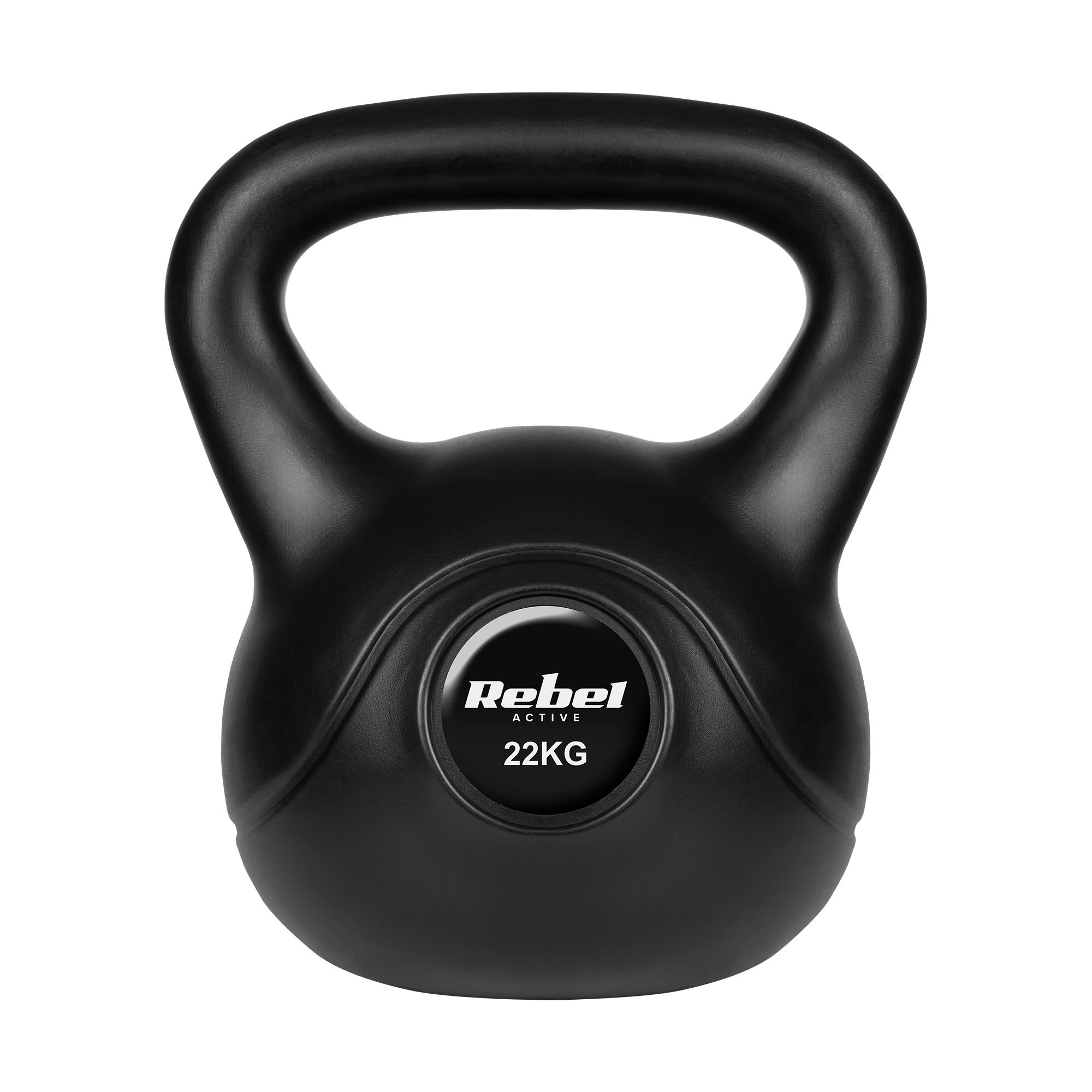 Czarny kettlebell Rebel Active o wadze 22 kg na czarnym tle.