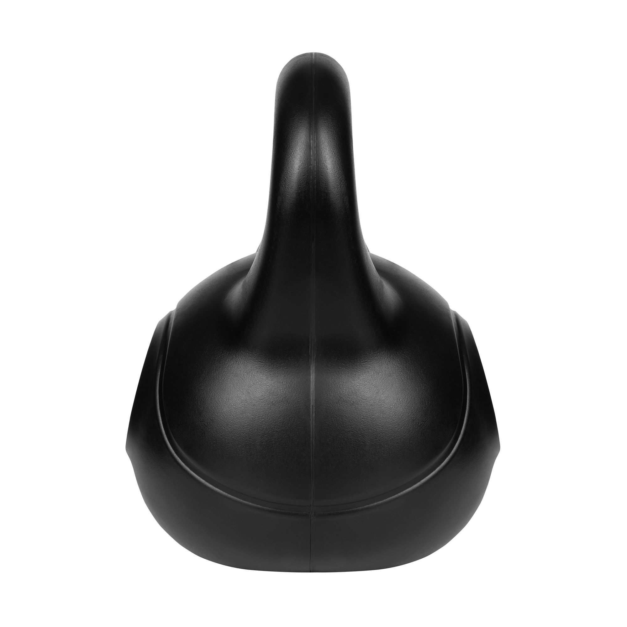 Pojedynczy czarny kettlebell wyśrodkowany na jednolitym czarnym tle.