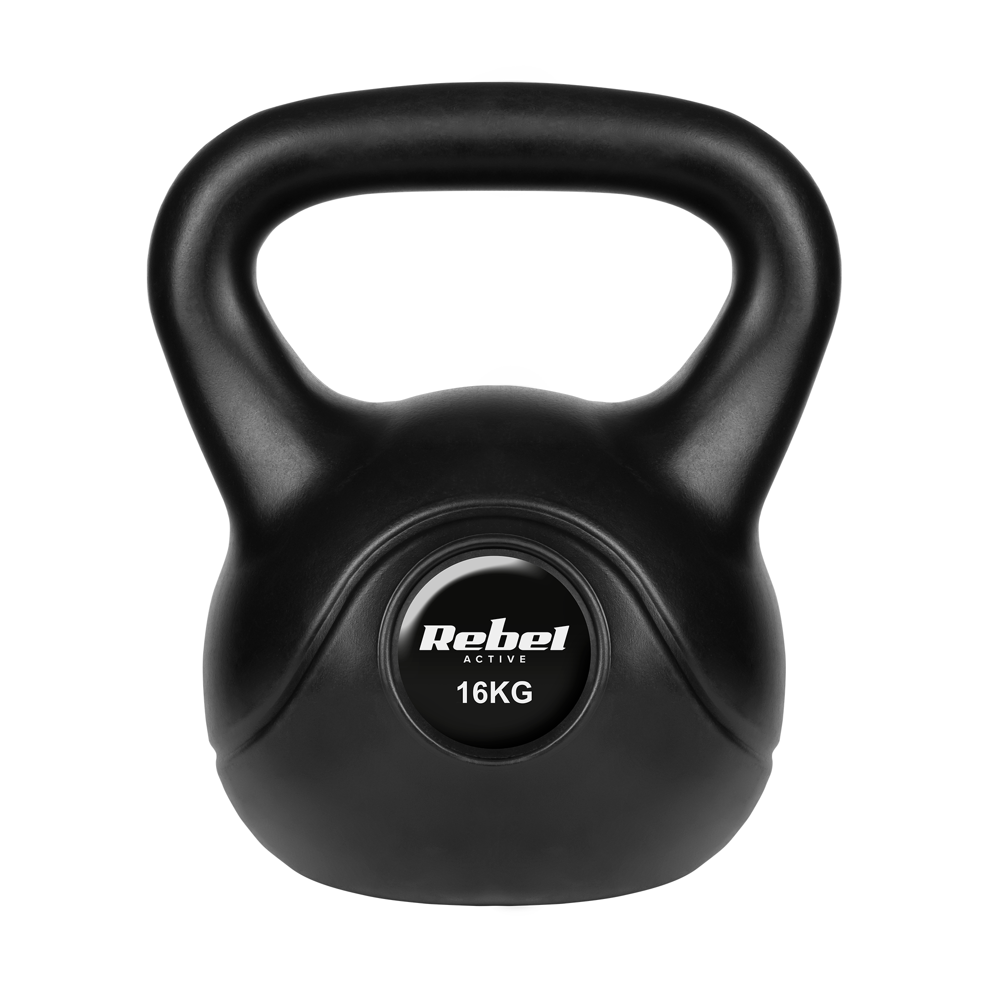 Czarny odważnik kettlebell o wadze 16 kg z logo Rebel Active na czarnym tle.