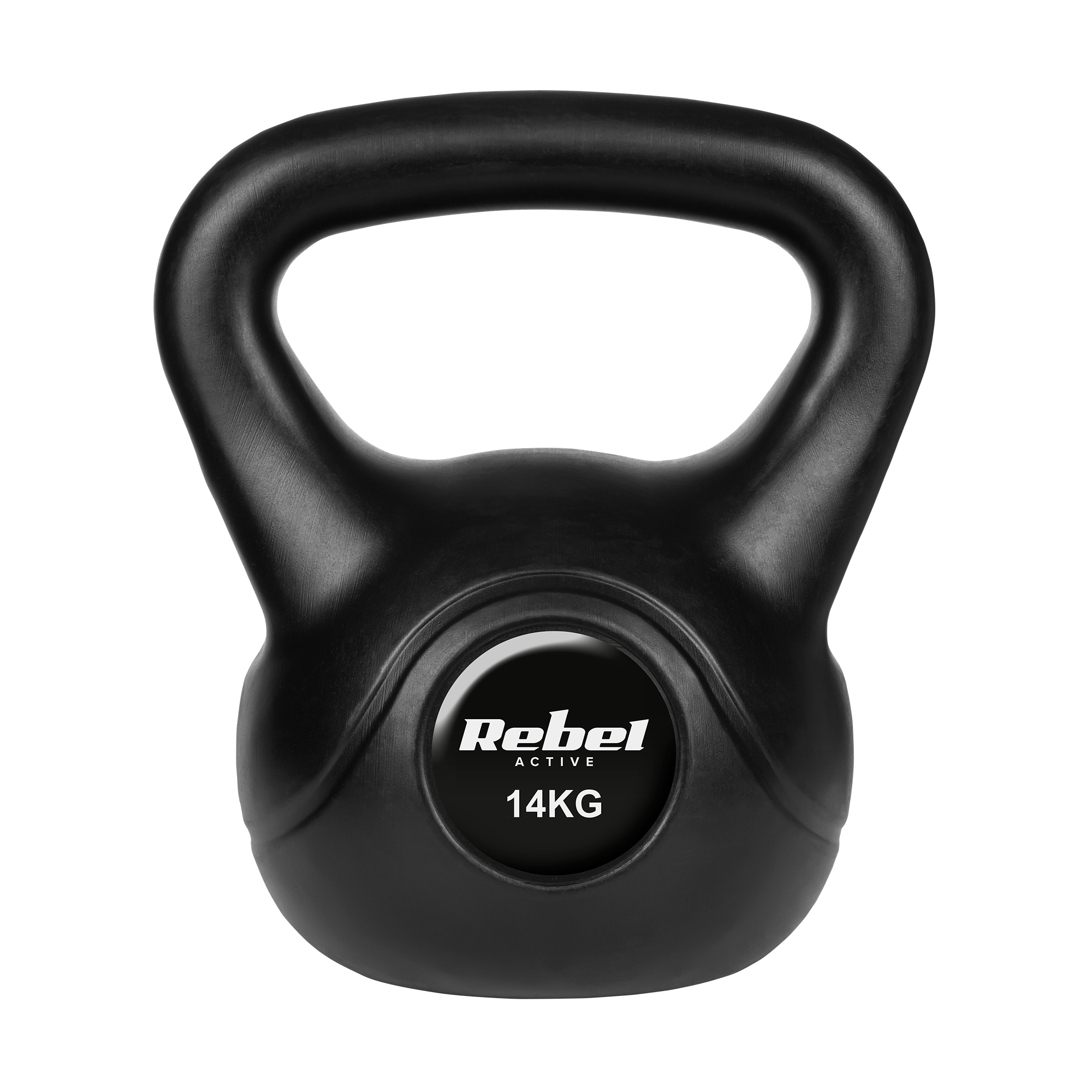 Czarny kettlebell Rebel Active 14 kg na czarnym tle.