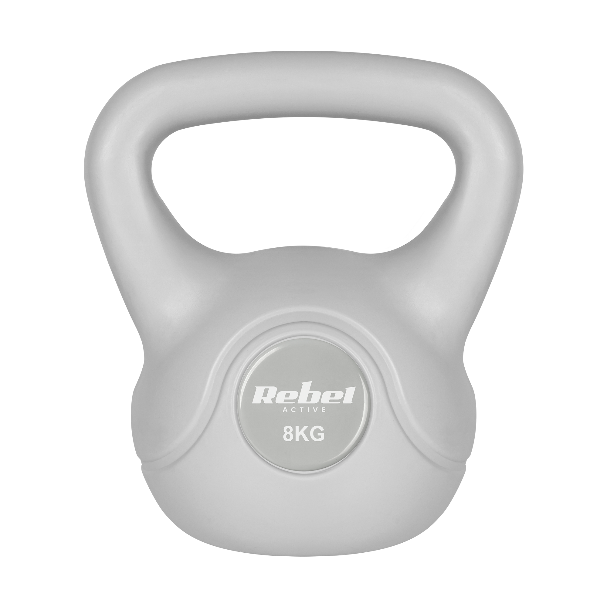 Biały odważnik kettlebell Rebel Active 8 kg na czarnym tle.