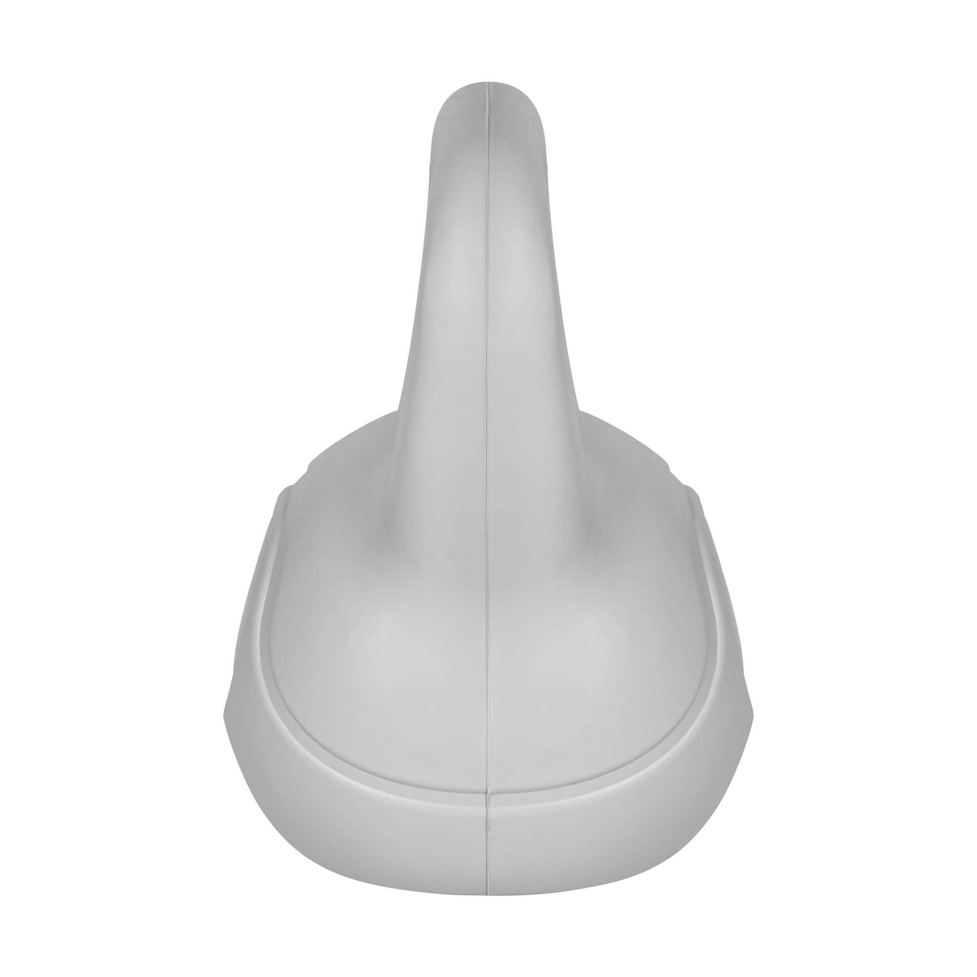 Biały odważnik kettlebell z ergonomiczną rączką na czarnym tle.