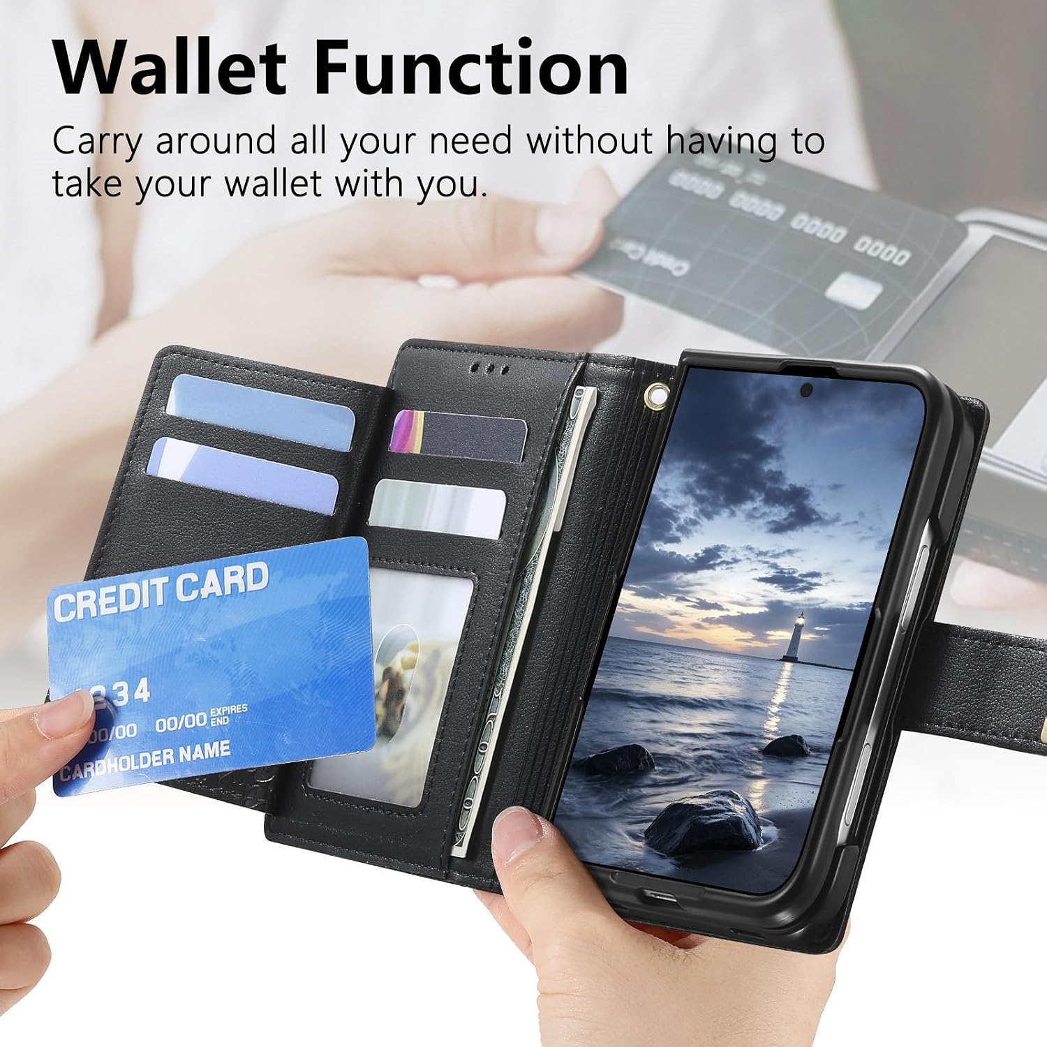 Schwarze Leder-Handyhülle mit Kreditkartenfächern und einem Smartphone, das ein Meer zeigt.