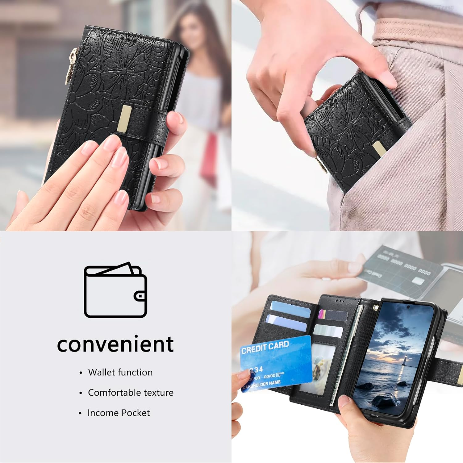 Schwarze geprägte Brieftasche als Smartphone-Hülle mit Fächern für Karten und Bargeld.