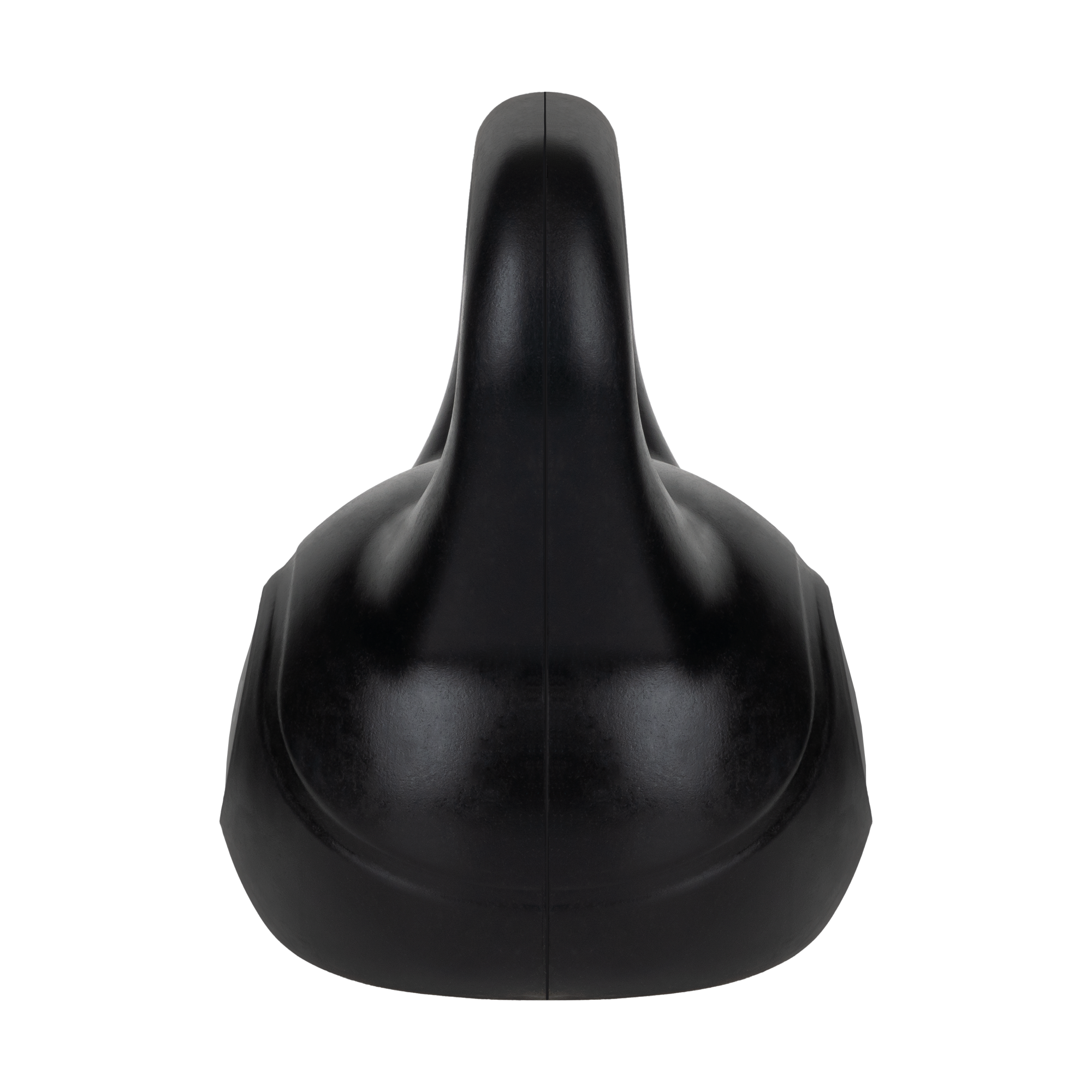Czarny odważnik kettlebell stoi pionowo na czarnym tle, prezentując wygiętą rączkę i obciążoną podstawę.