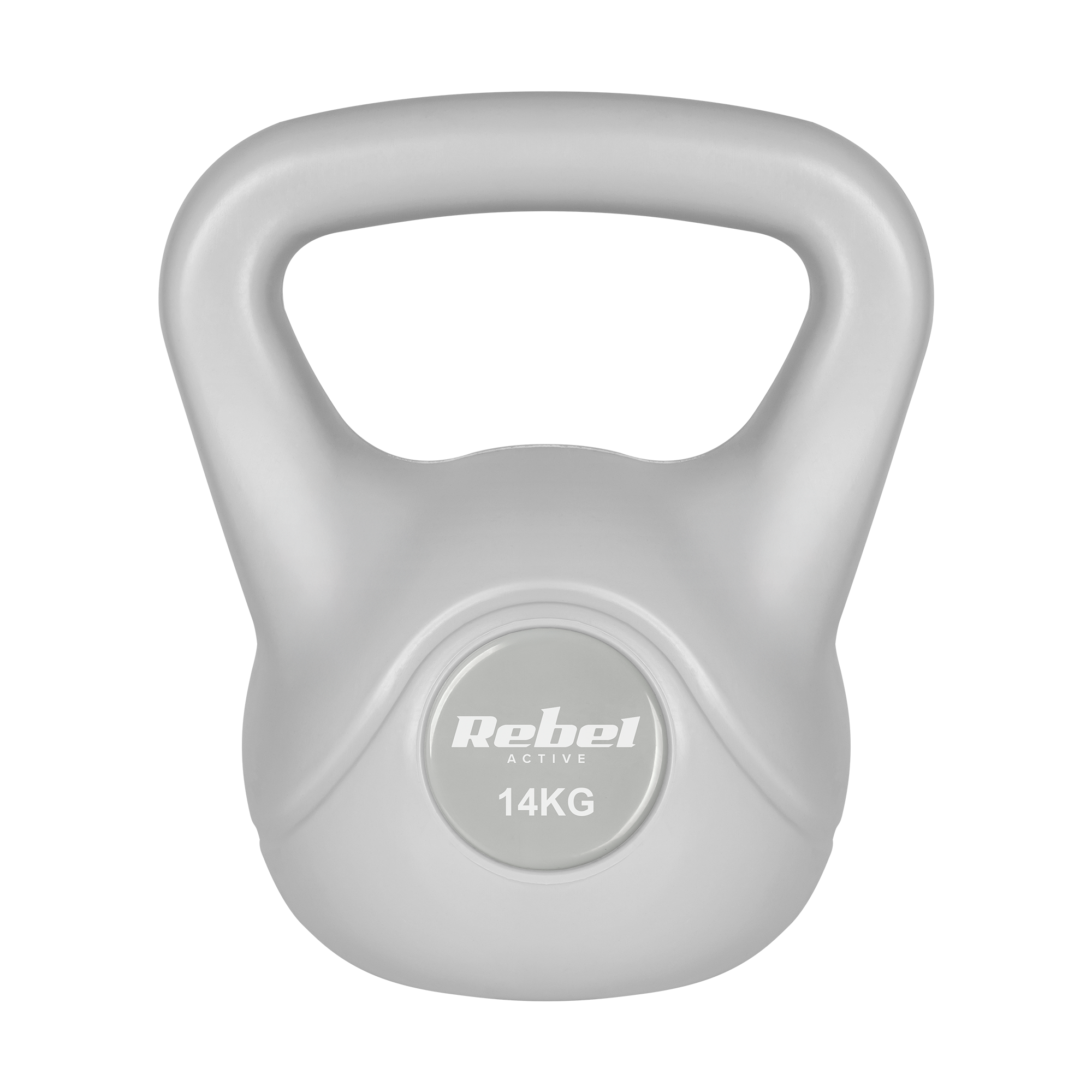 Szary kettlebell o wadze 14 kg z logo Rebel Active na czarnym tle.