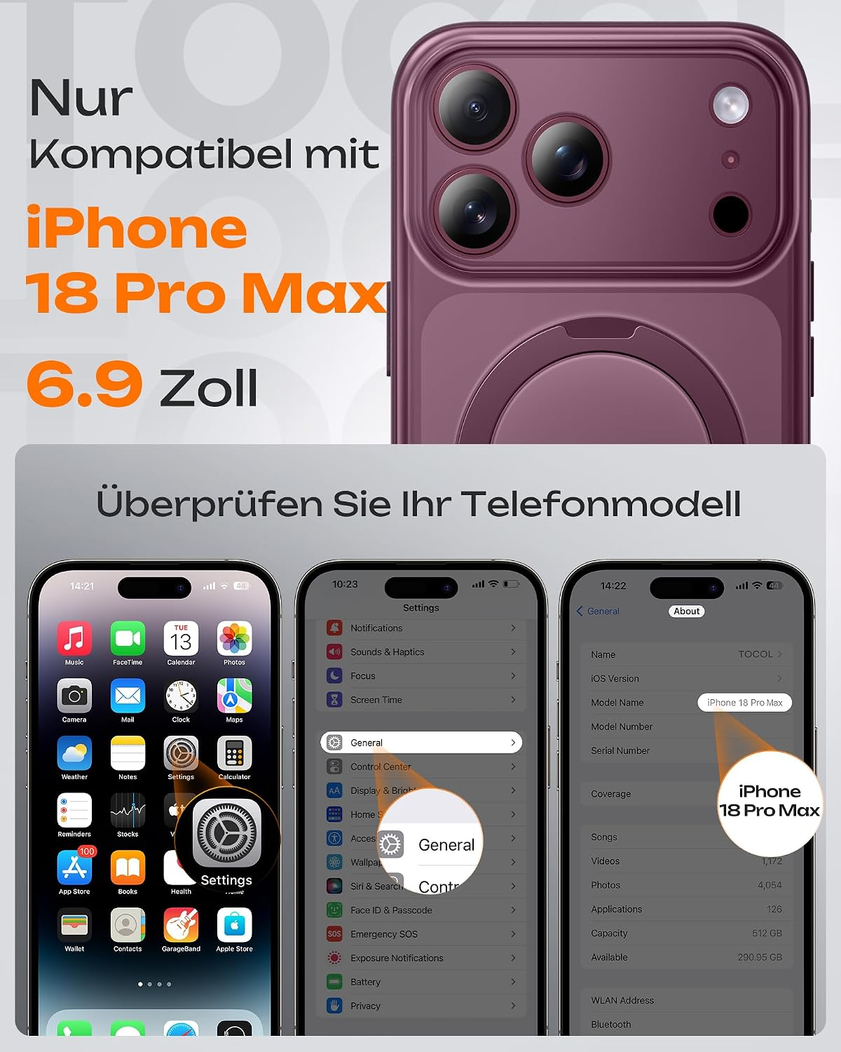 Anleitung zur Überprüfung des iPhone-Modells in den Einstellungen mit einer Schutzhülle.