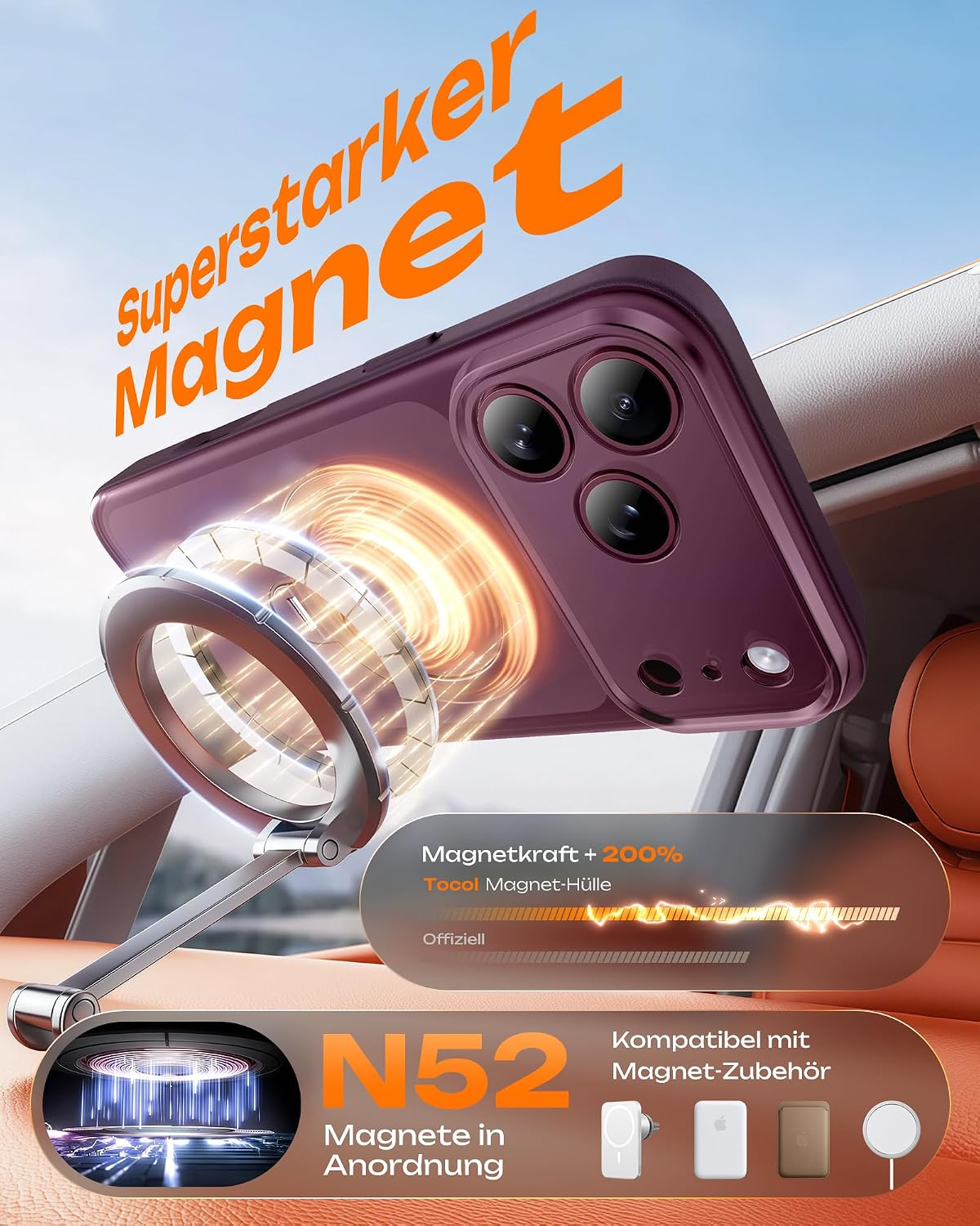 Ein violettes Smartphone ist magnetisch an einer Autohalterung befestigt. Im Hintergrund ist der Autoinnenraum.