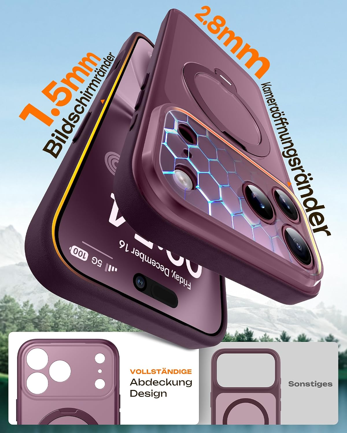 Violette Smartphone-Hülle mit Kamera- und Bildschirmschutz-Maßen.