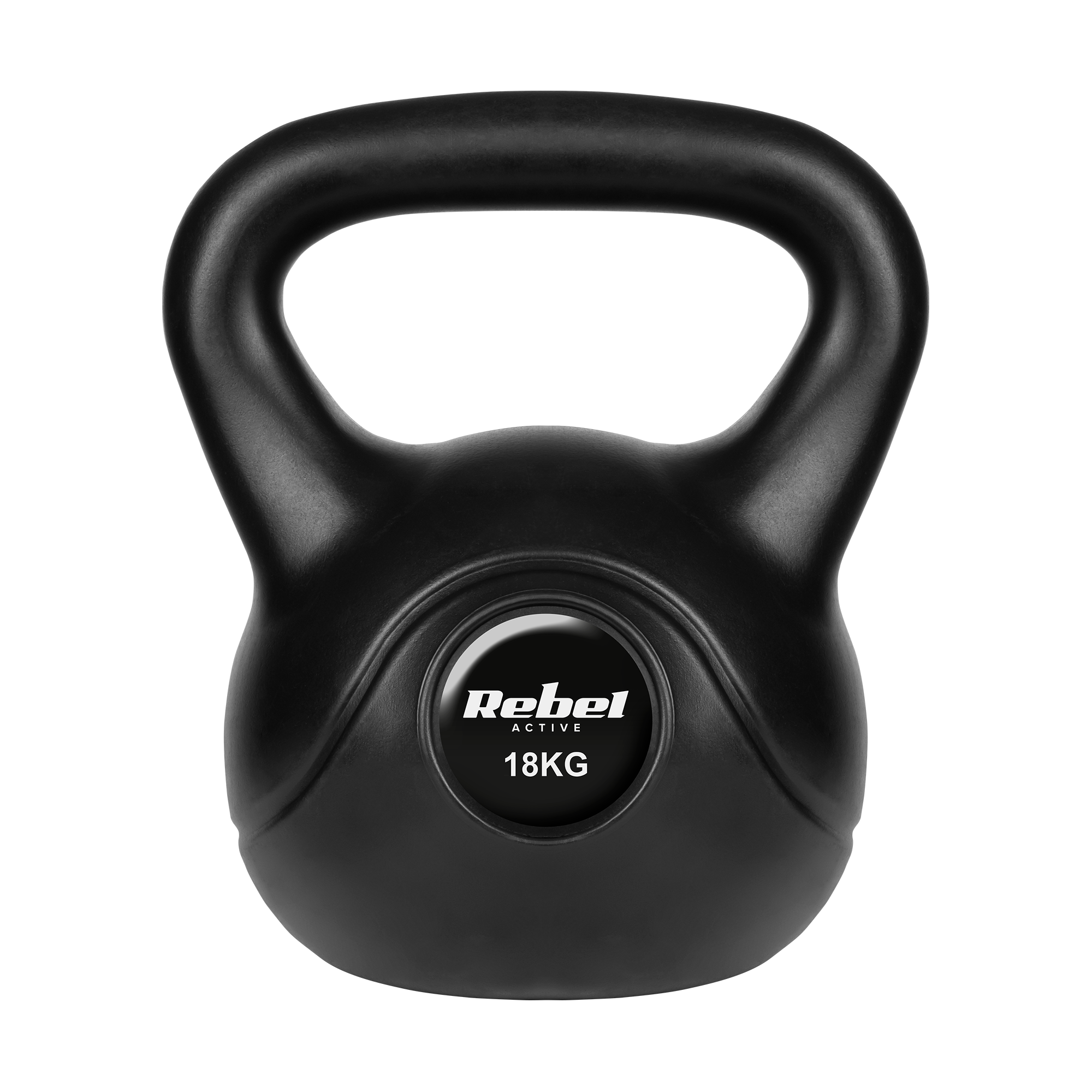 Czarny kettlebell Rebel Active o wadze 18 kg na czarnym tle.