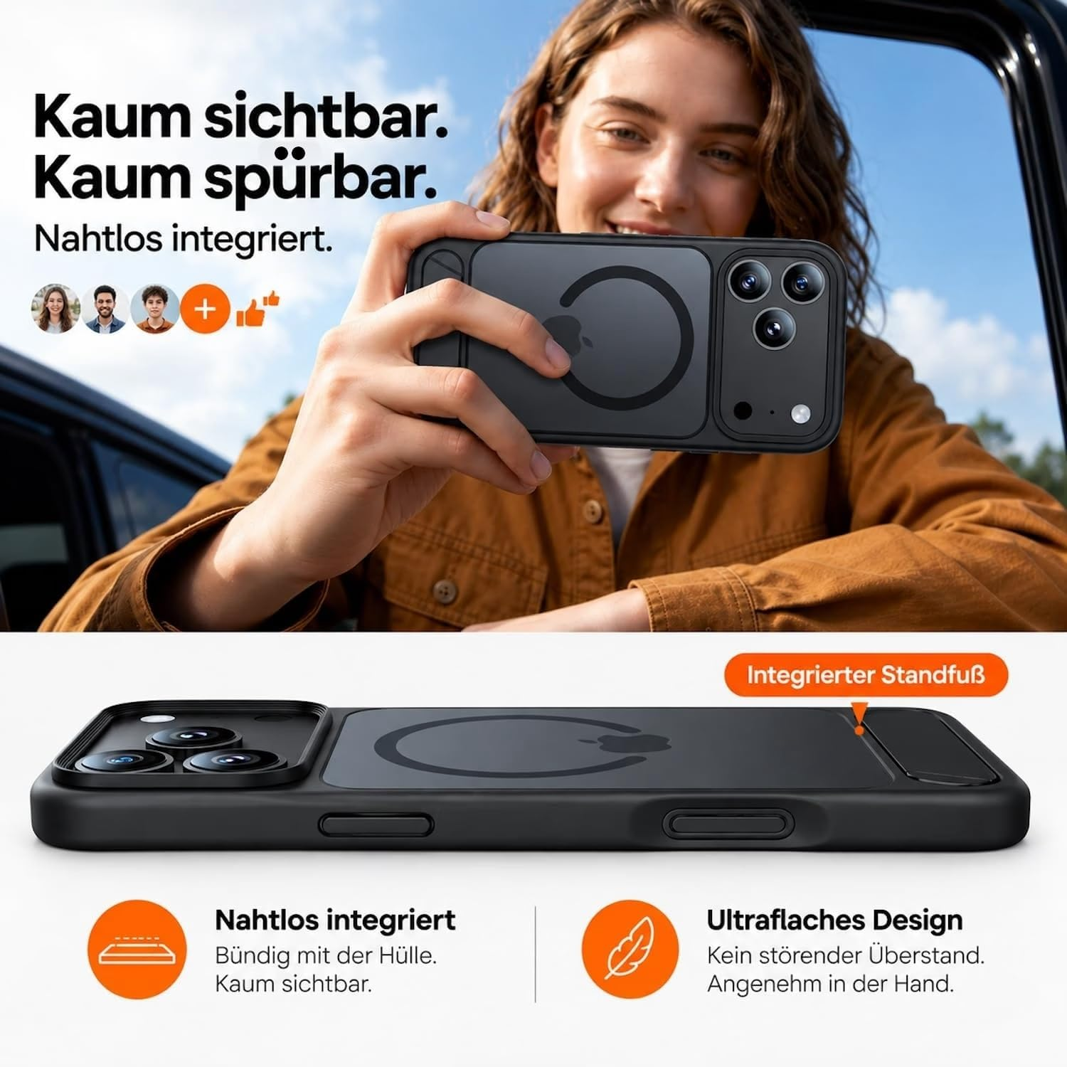 Eine Frau hält ein schwarzes Smartphone mit integriertem Ständer im Auto. Darunter Detailansicht des dünnen Designs.