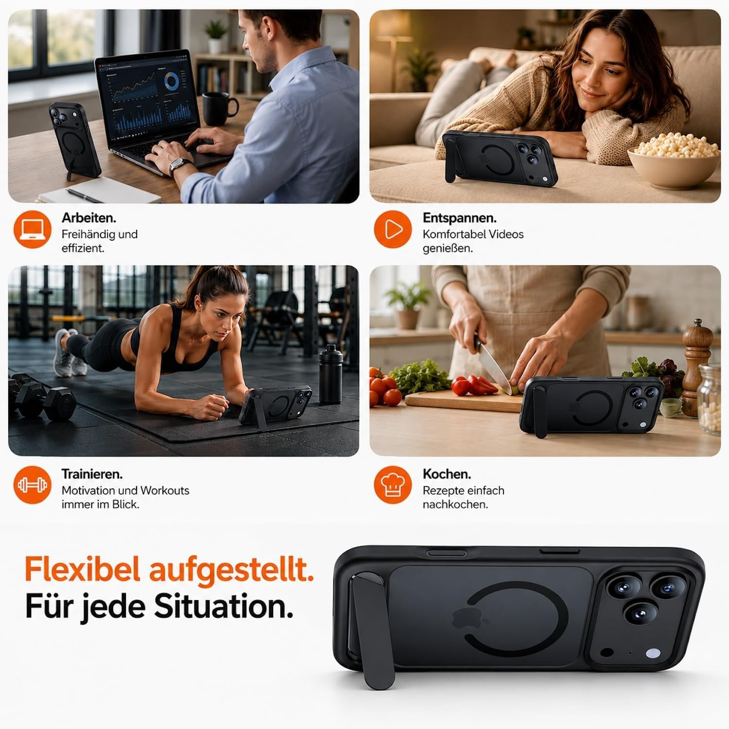 Eine schwarze Handytasche mit integriertem Ständer in vier verschiedenen Alltagsszenarien.