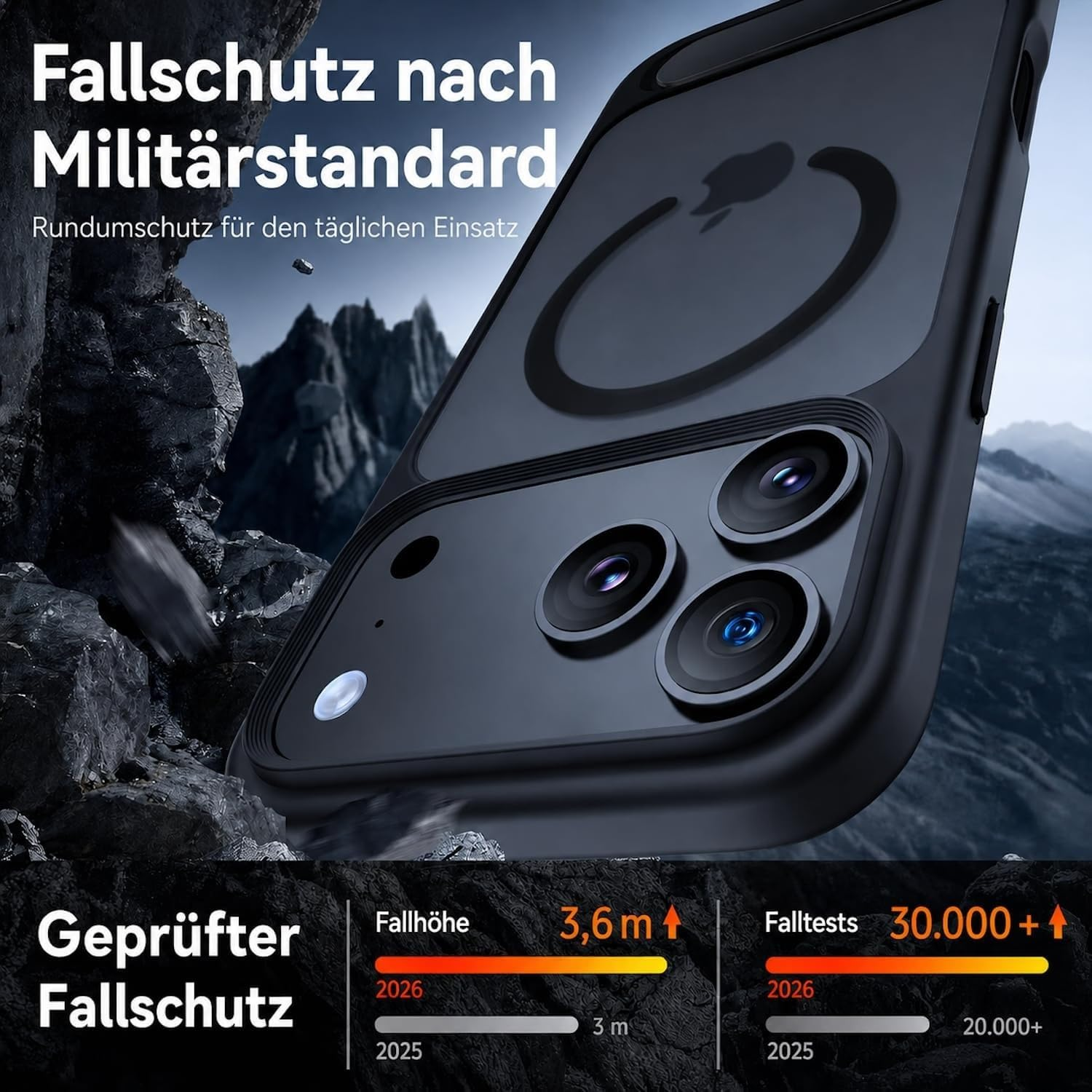Schwarze Handyhülle mit Kamera und Bergen im Hintergrund.