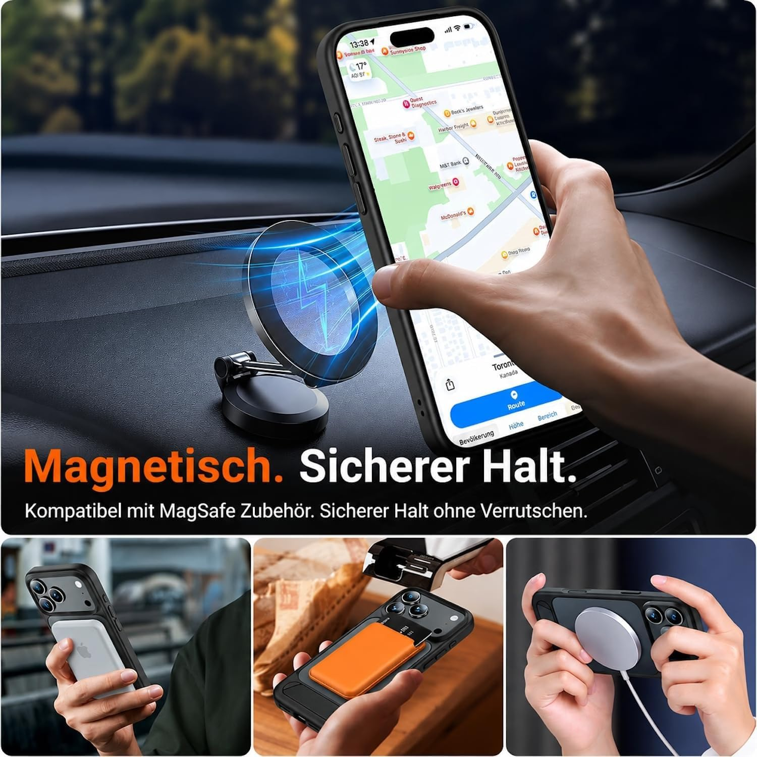 Handy wird magnetisch an einer Autohalterung befestigt, unten mit drei kleinen Bildern von Zubehör.