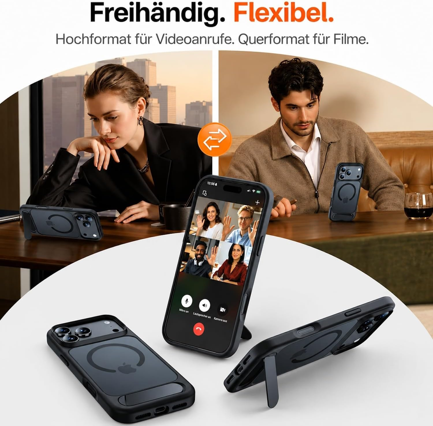 Handyhülle mit integriertem Ständer für Hoch- und Querformat, gezeigt mit Personen.