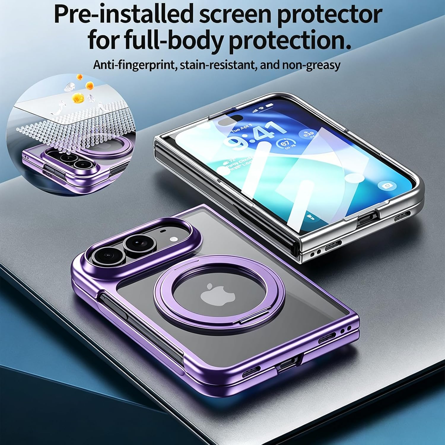 Zwei faltbare Smartphones mit Schutzhülle und integriertem Displayschutz auf einer grauen Oberfläche.