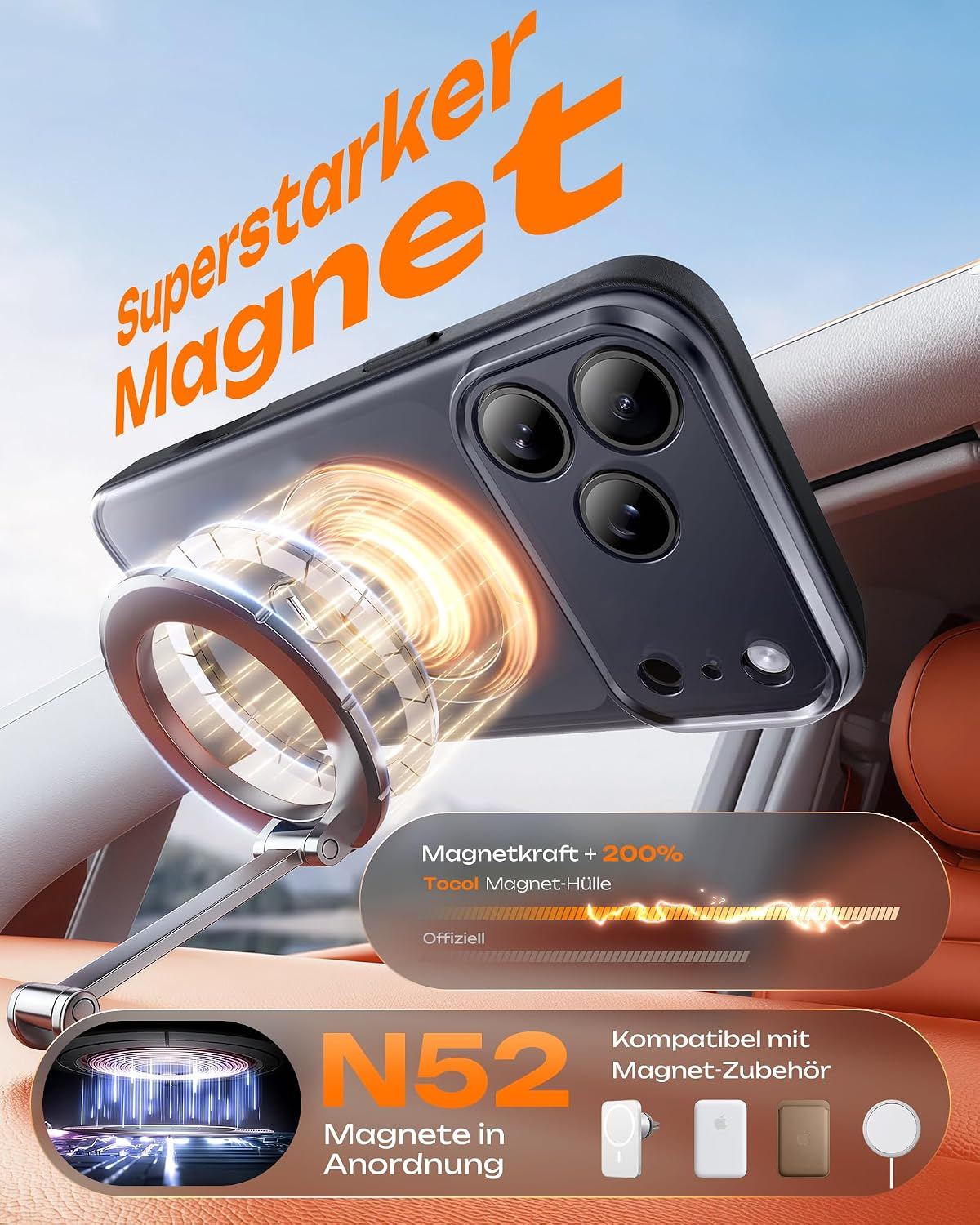 Smartphone in einer Magnethalterung im Auto mit visuellen Effekten und deutschem Werbetext.