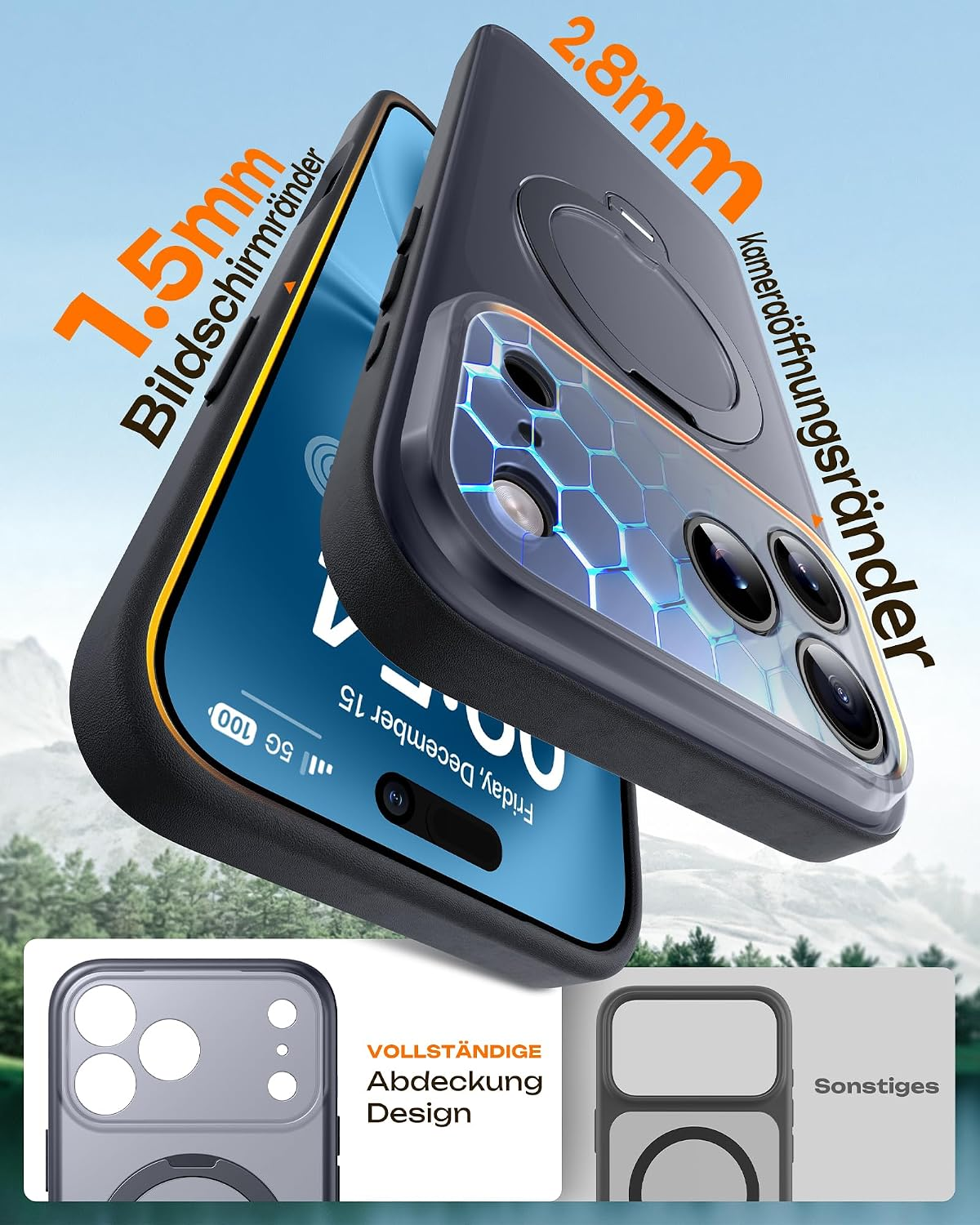 Smartphone in Schutzhülle mit Maßangaben für Bildschirmrand und Kameraöffnung, im Hintergrund eine Berglandschaft.