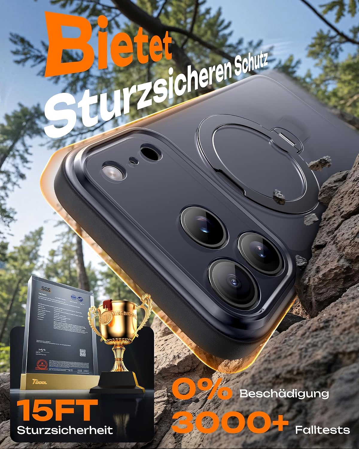 Strapazierte Smartphone-Hülle auf felsigem Untergrund, umgeben von Bäumen und einer goldenen Trophäe.