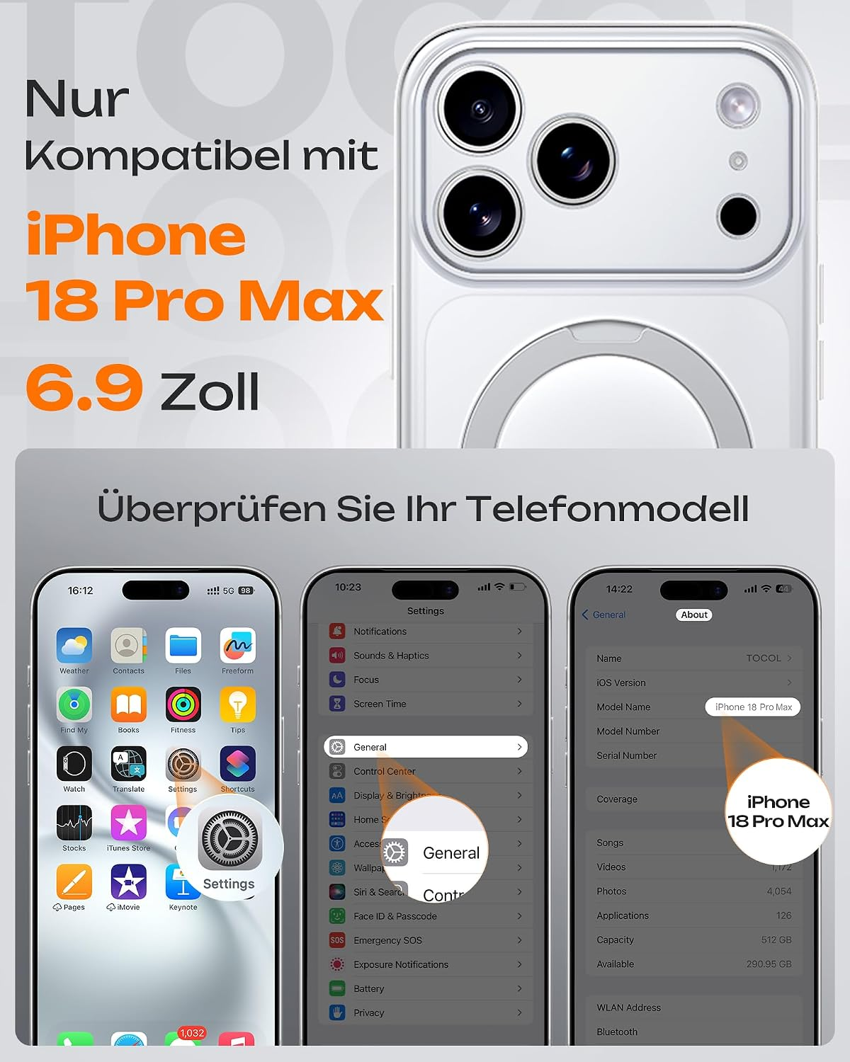 Werbebild für iPhone 18 Pro Max Hülle mit Anleitungen zur Modellüberprüfung.