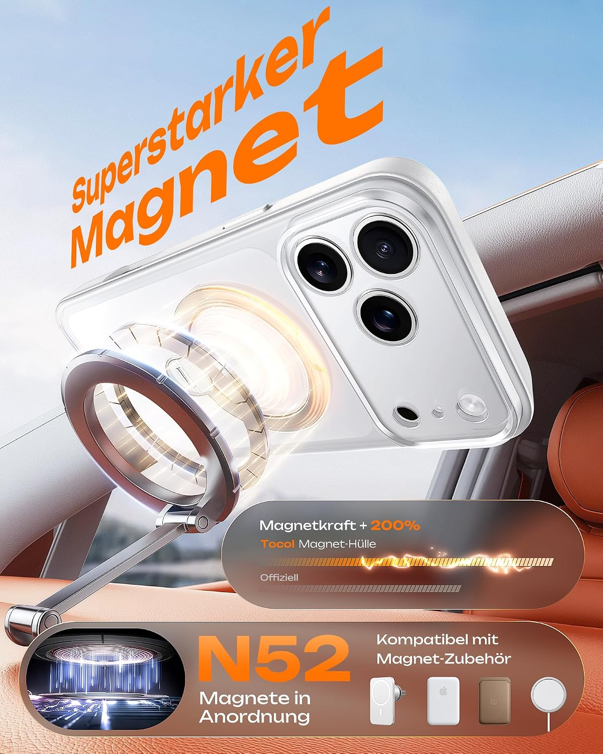 Ein Smartphone hängt an einer magnetischen Autohalterung mit Orangen Text und Grafiken.