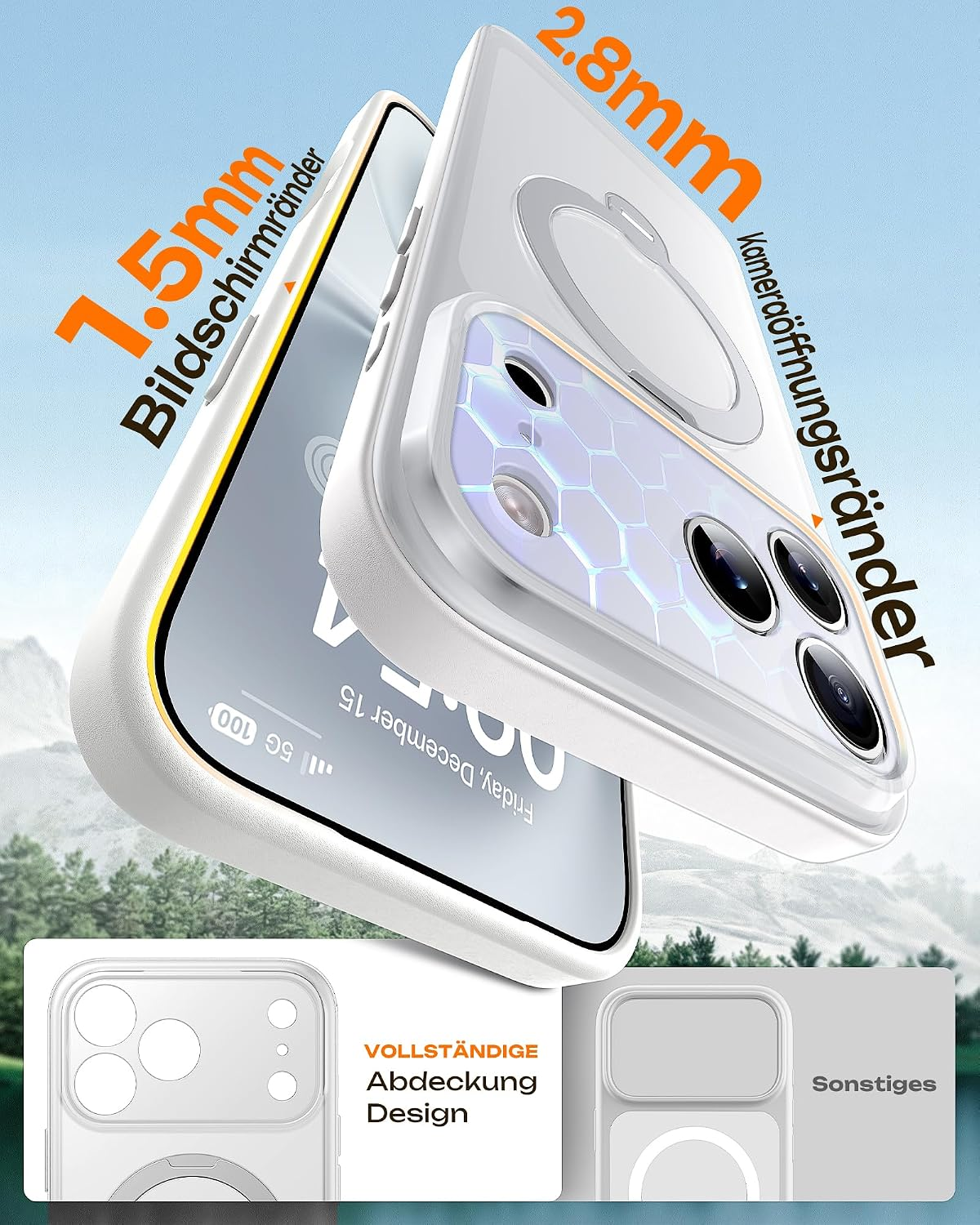 Zwei weiße Smartphone-Hüllen mit Maßen und Kameraöffnungen vor einer Berglandschaft.