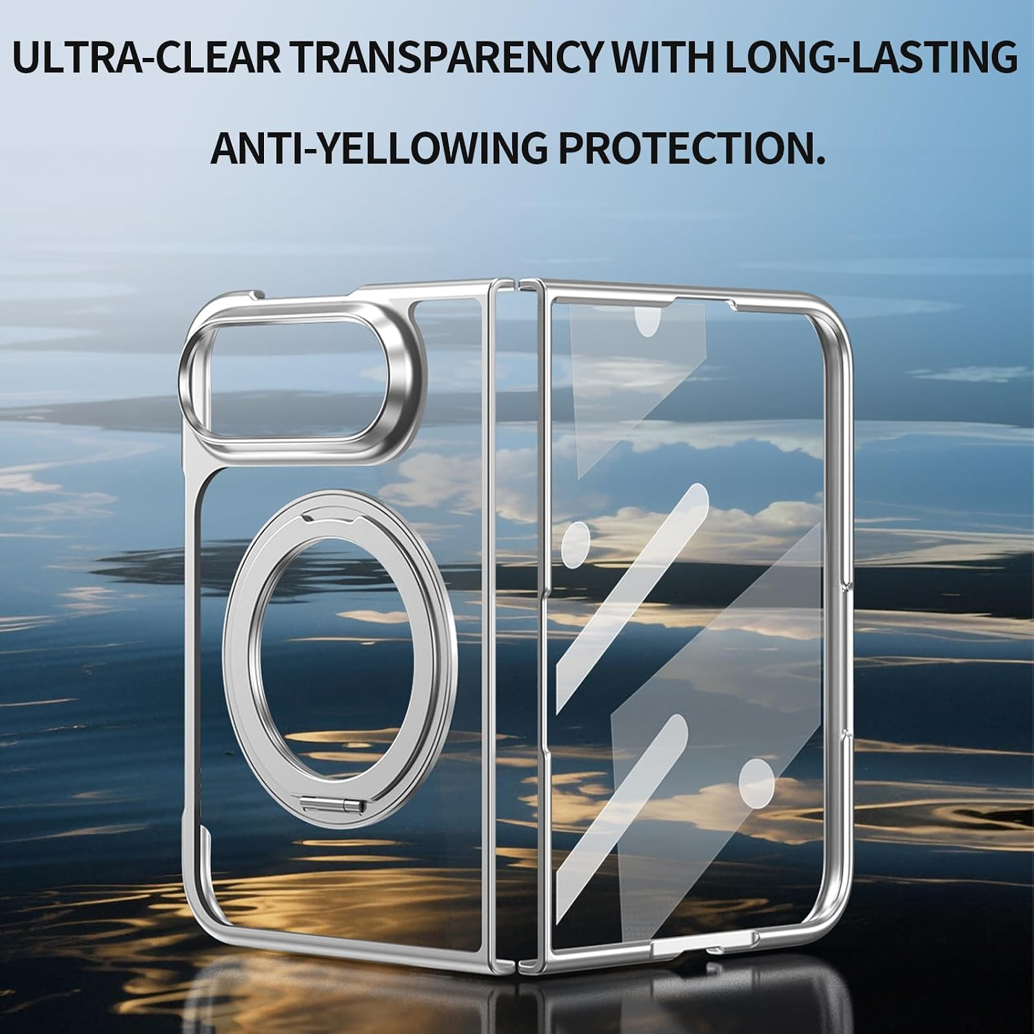 Transparente faltbare Handyschale mit silbernem Rahmen und Ringständer vor blauem Wasser.