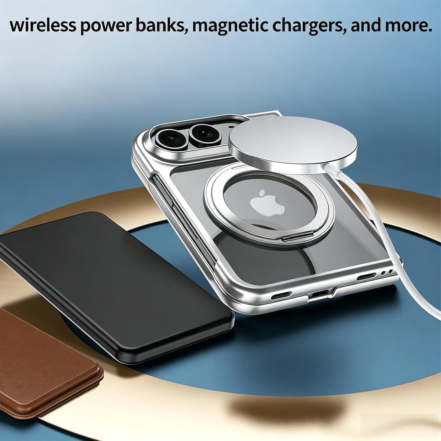 Eine silberne iPhone-Hülle mit MagSafe-Ladegerät und Powerbank.