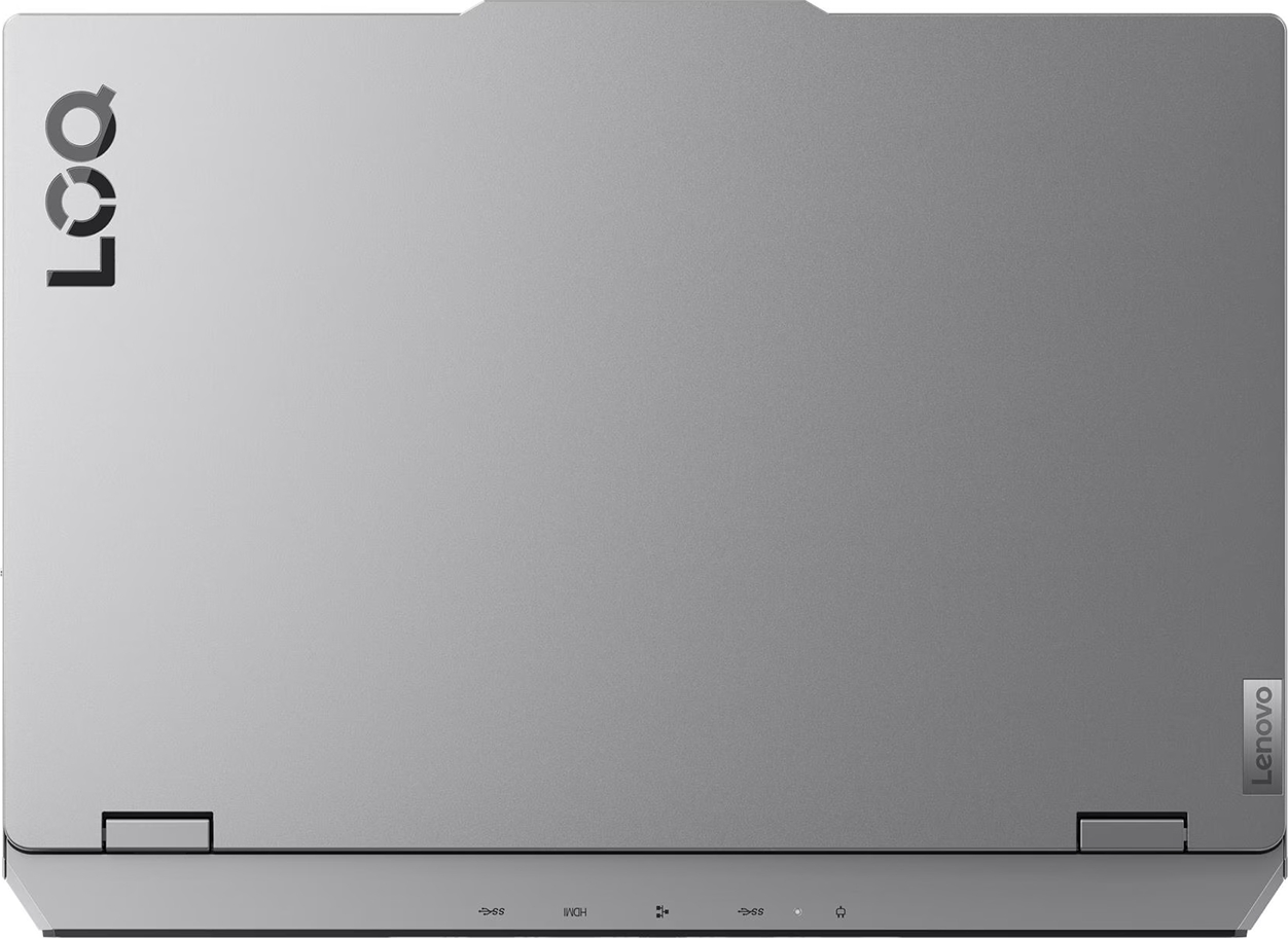 Sol üstte LOQ logosu ve sağ altta Lenovo yazısı bulunan gri Lenovo laptop kapağı.