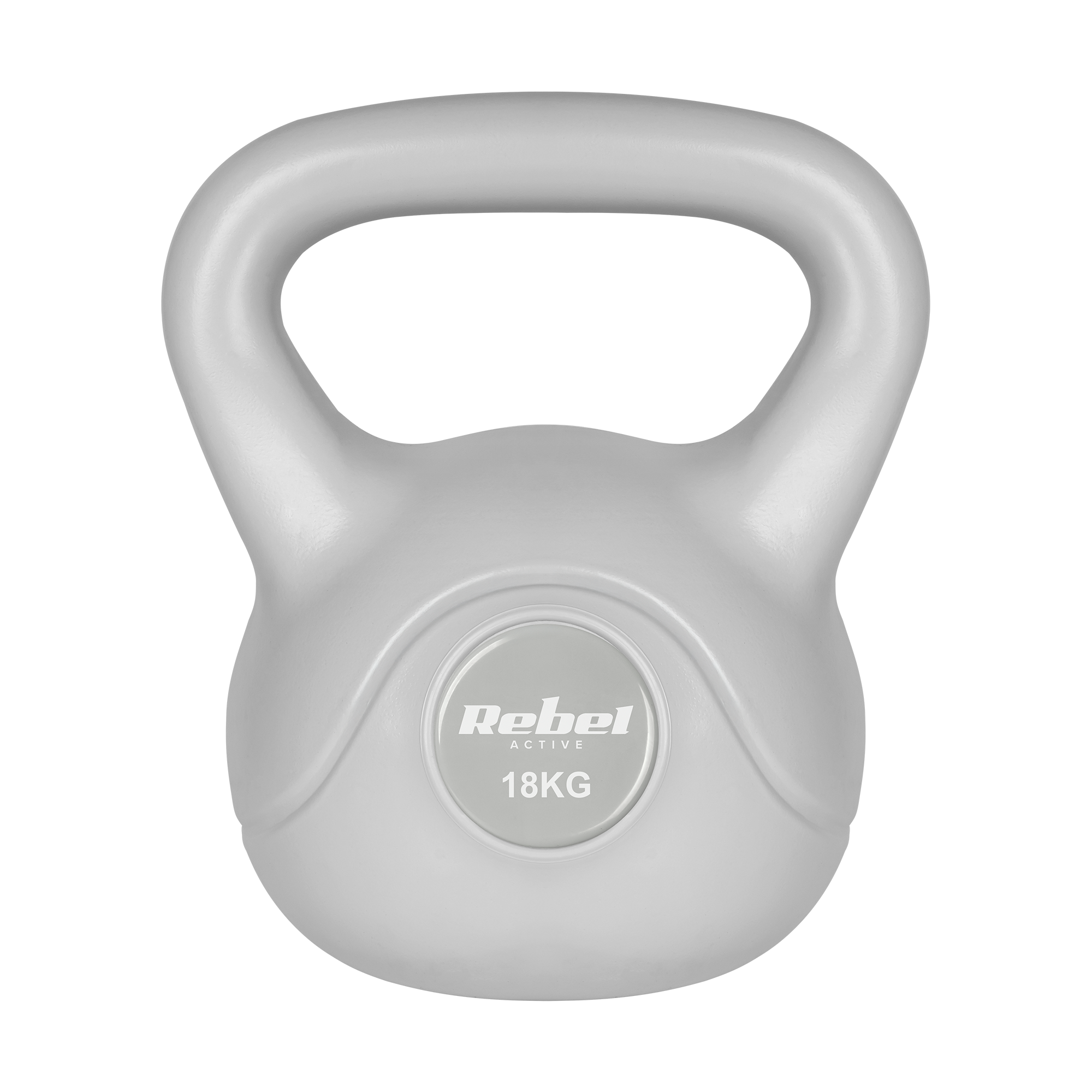 Szary odważnik kettlebell o wadze 18 kg z logo Rebel Active na czarnym tle.