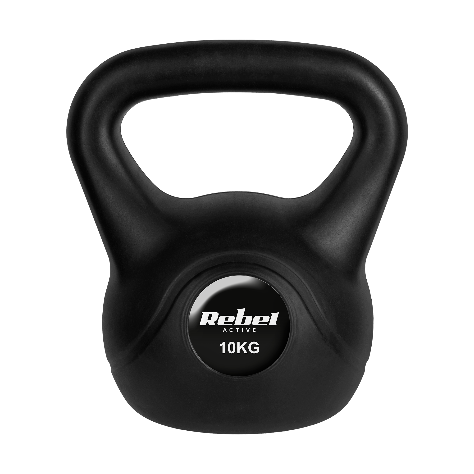Czarny kettlebell Rebel Active o wadze 10 kg na czarnym tle.