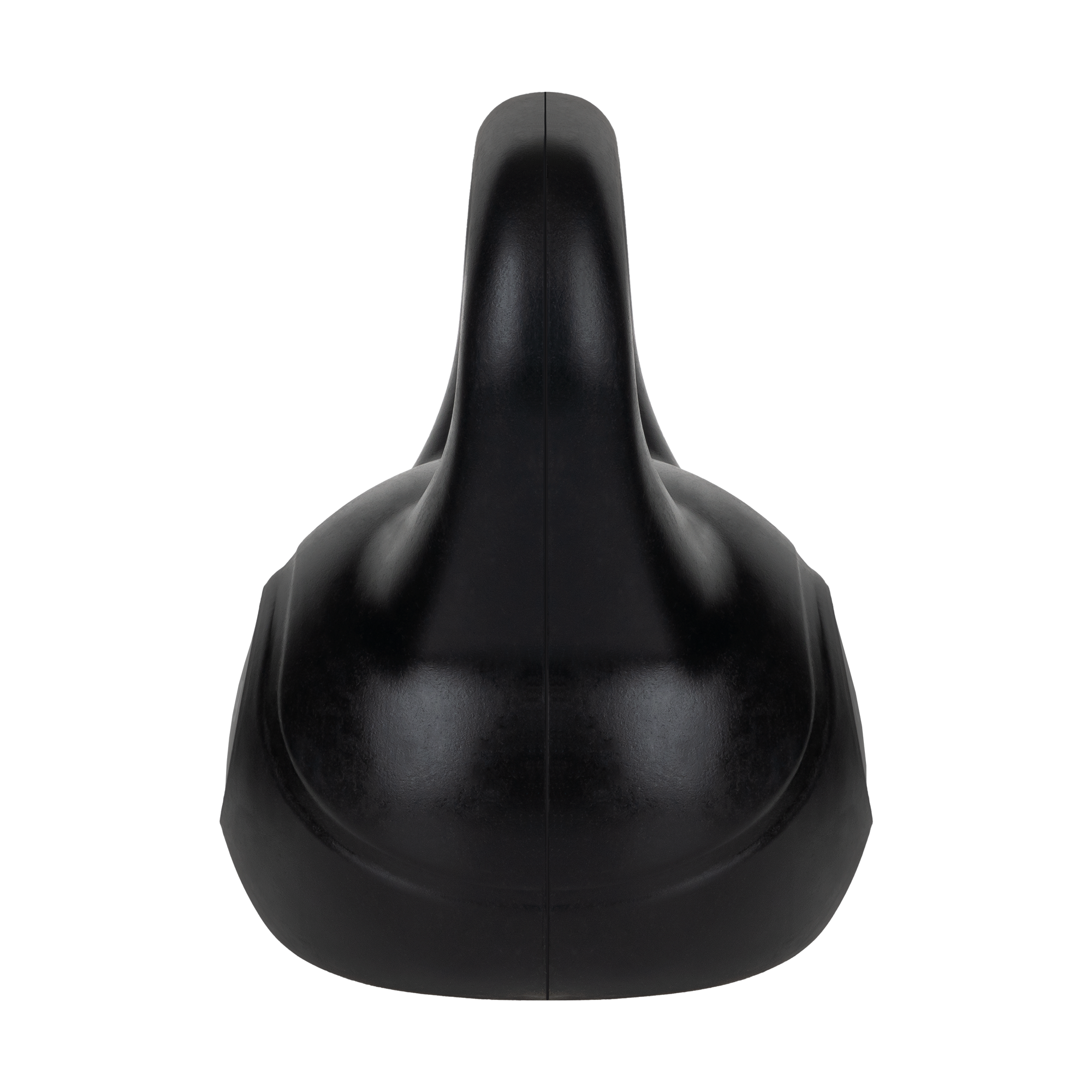 Czarny kettlebell widziany od przodu na jednolitym czarnym tle.