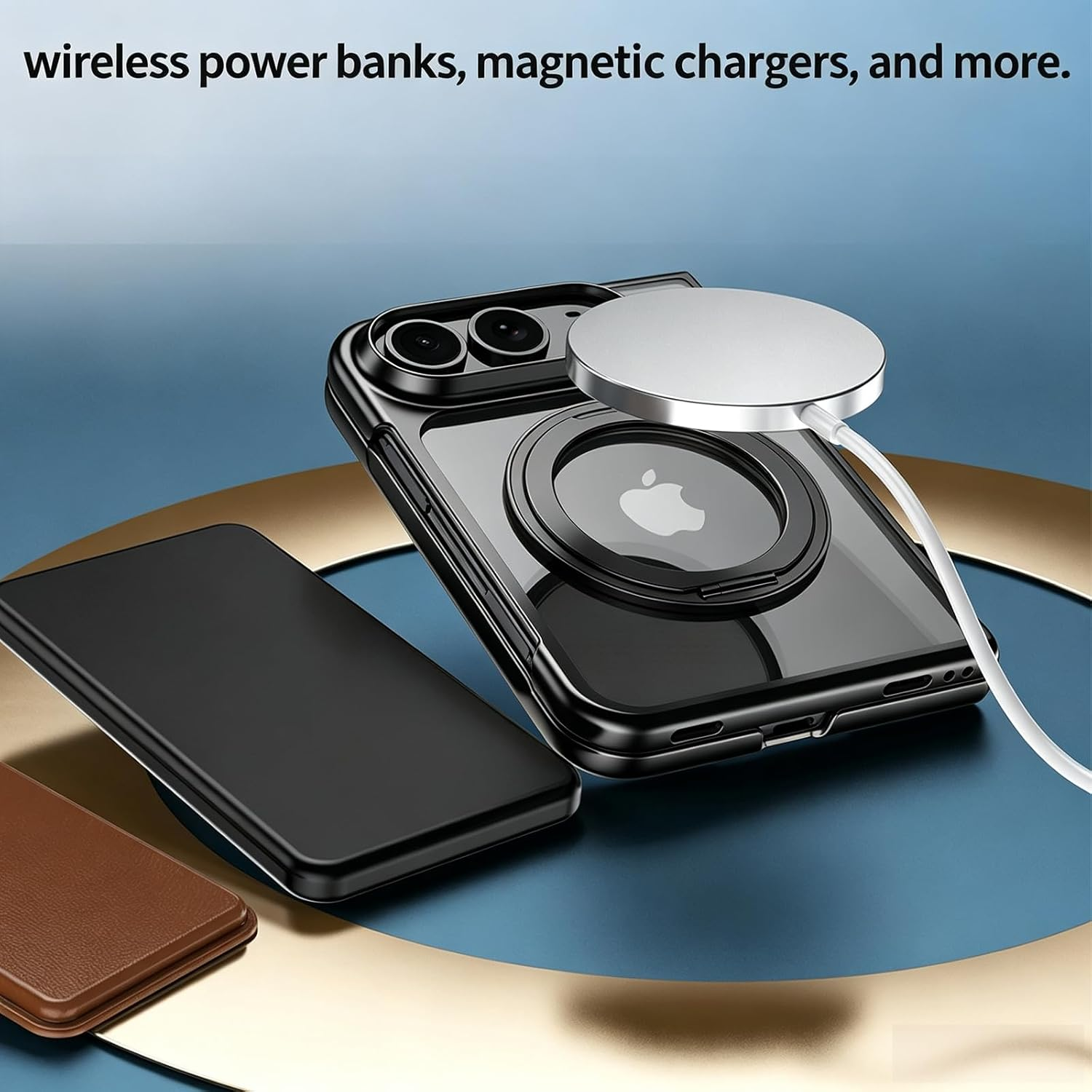 Ein Smartphone in einer Hülle mit magnetischem Ladegerät und einem Powerbank auf einer goldenen und blauen Oberfläche.