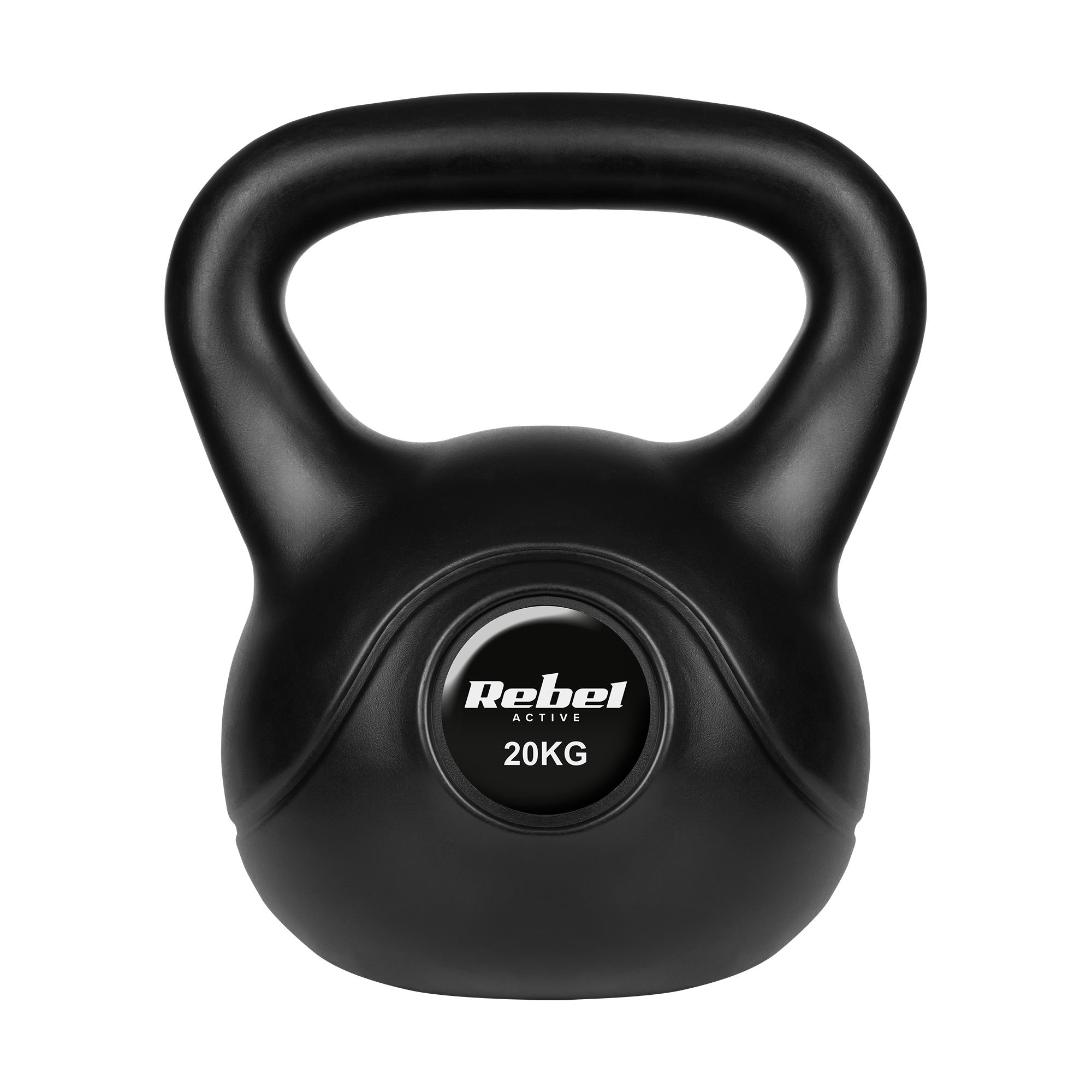 Czarny odważnik kettlebell 20 kg z logo Rebel Active na czarnym tle.