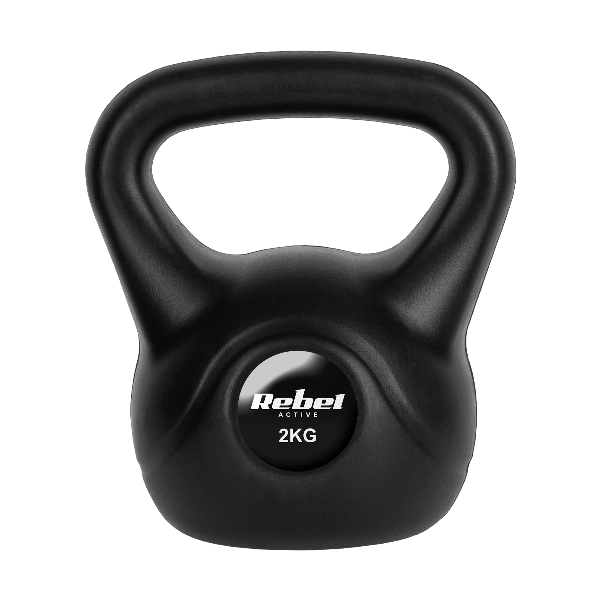 Czarny odważnik kettlebell 2 kg z logo Rebel Active na czarnym tle.