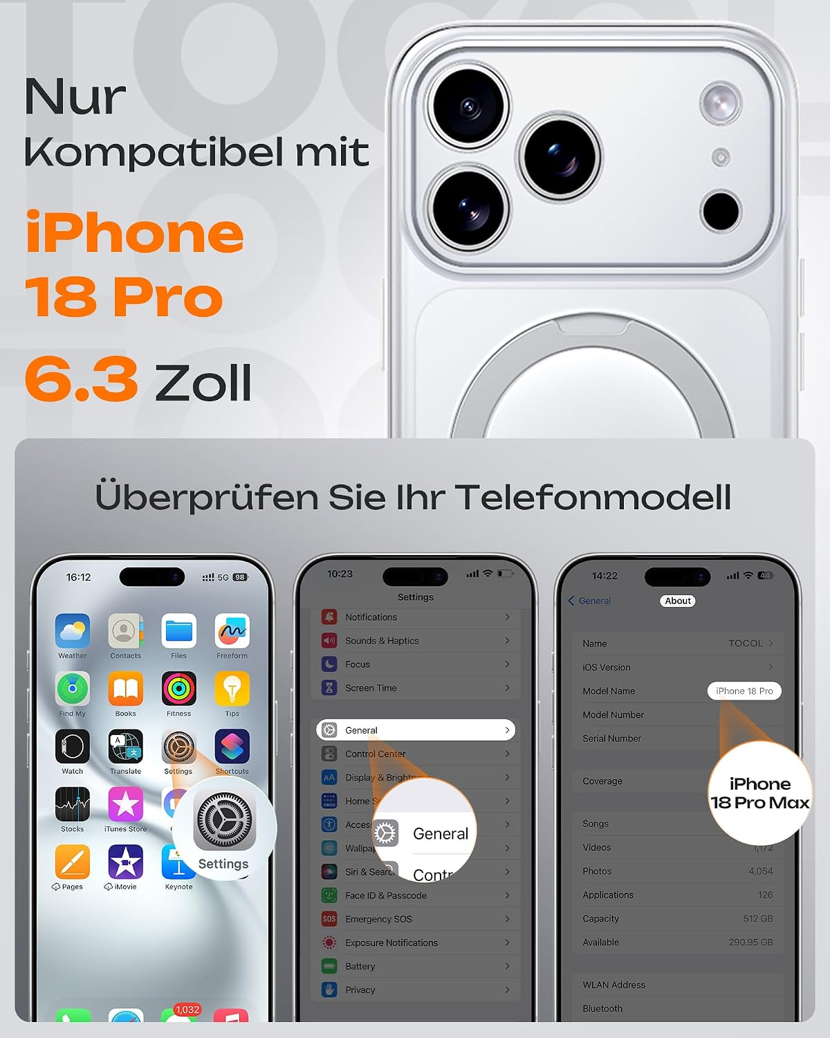Werbebild für iPhone 18 Pro mit deutschem Text und Anleitungen zur Überprüfung des Telefonmodells.