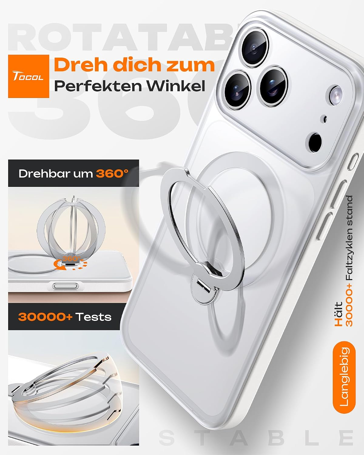 Transparente Smartphone-Hülle mit integriertem, klappbaren 360-Grad-Ständer auf der Rückseite.
