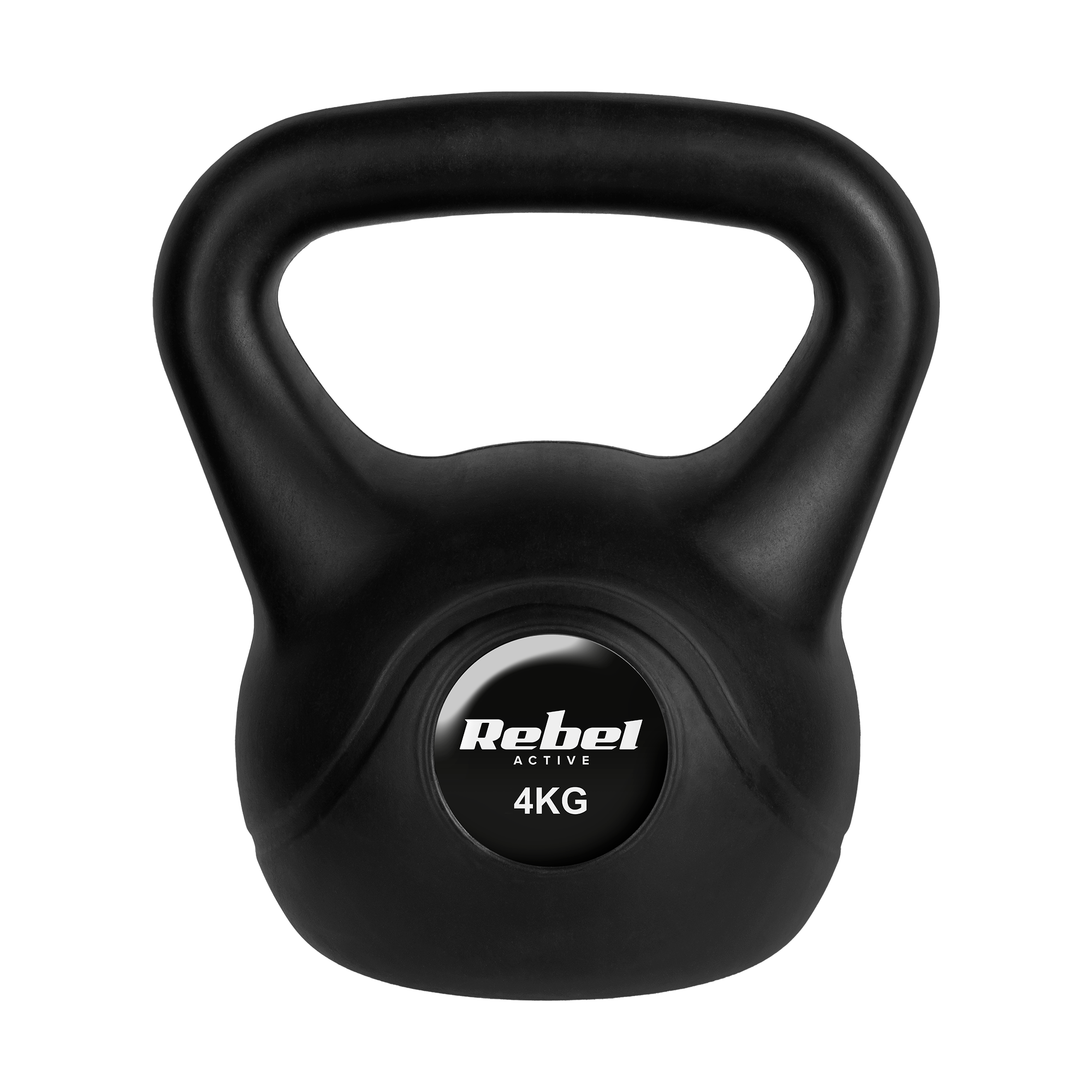 Czarny odważnik kettlebell o wadze 4 kg z logo Rebel Active na czarnym tle.