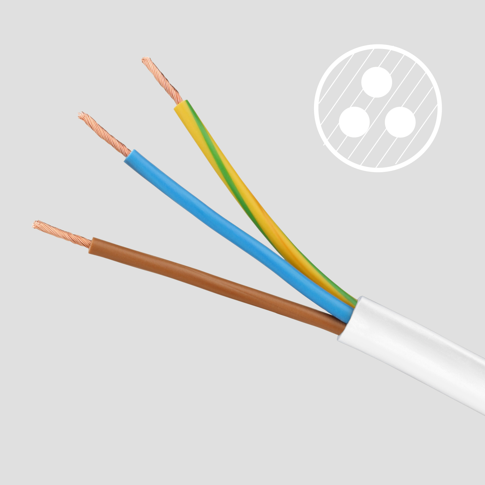 Biały kabel zasilający z trzema odsłoniętymi, odizolowanymi przewodami: brązowym, niebieskim i żółto-zielonym.