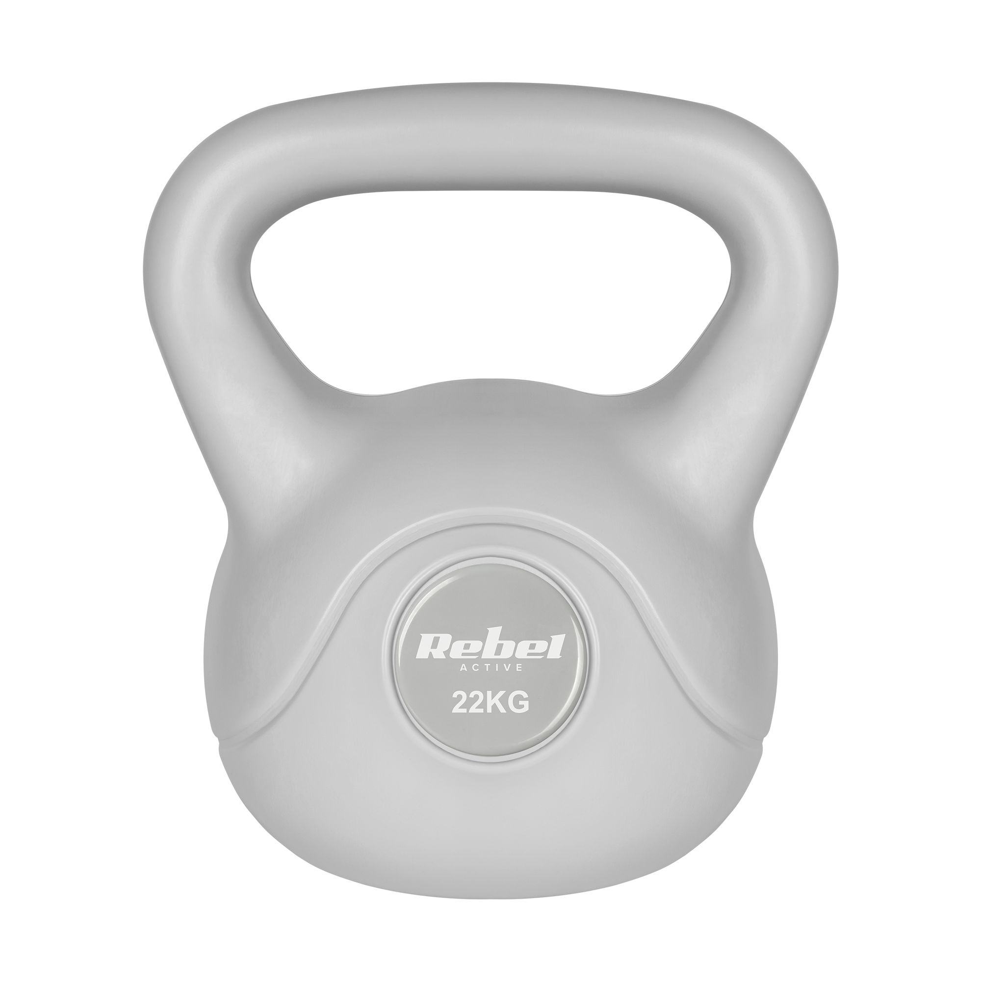 Jasnoszary kettlebell 22 kg z logo Rebel Active na czarnym tle.