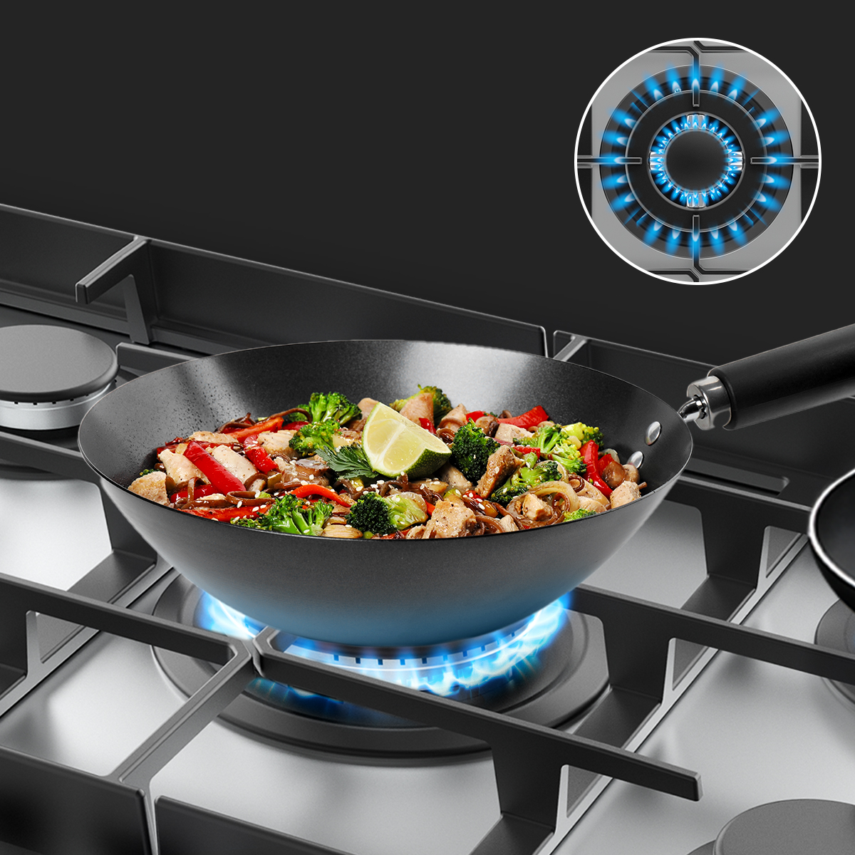 Un wok con salteado en un quemador de gas con llamas azules, con una inserción que muestra el quemador.