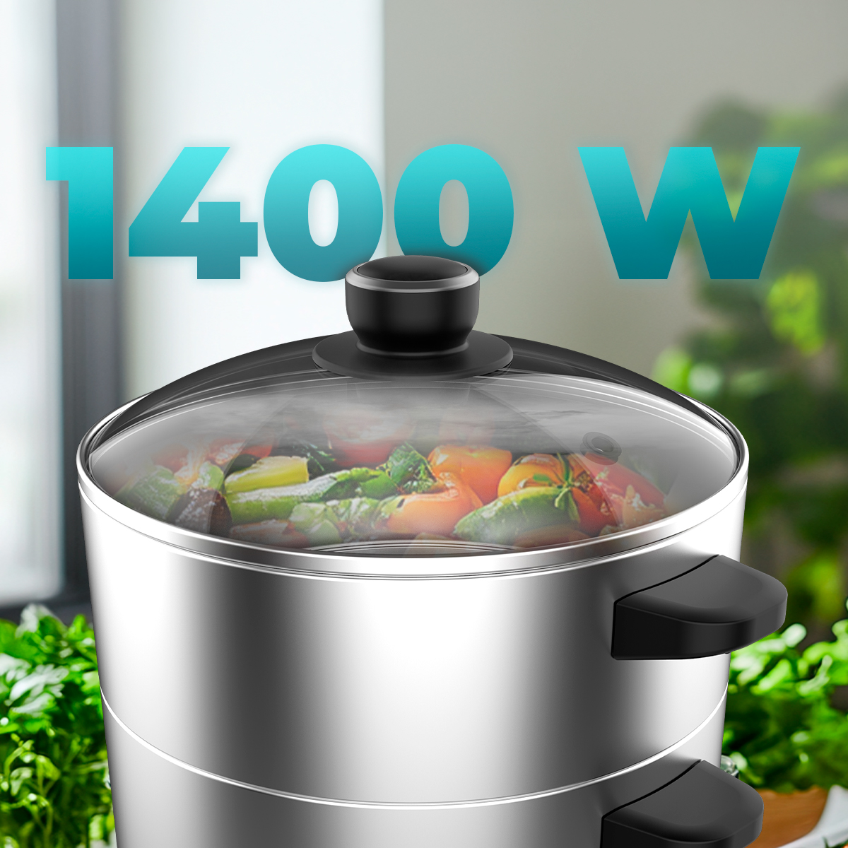 Una vaporiera argentata con coperchio in vetro cuoce verdure fresche. Sopra c'è la scritta blu 1400 W.