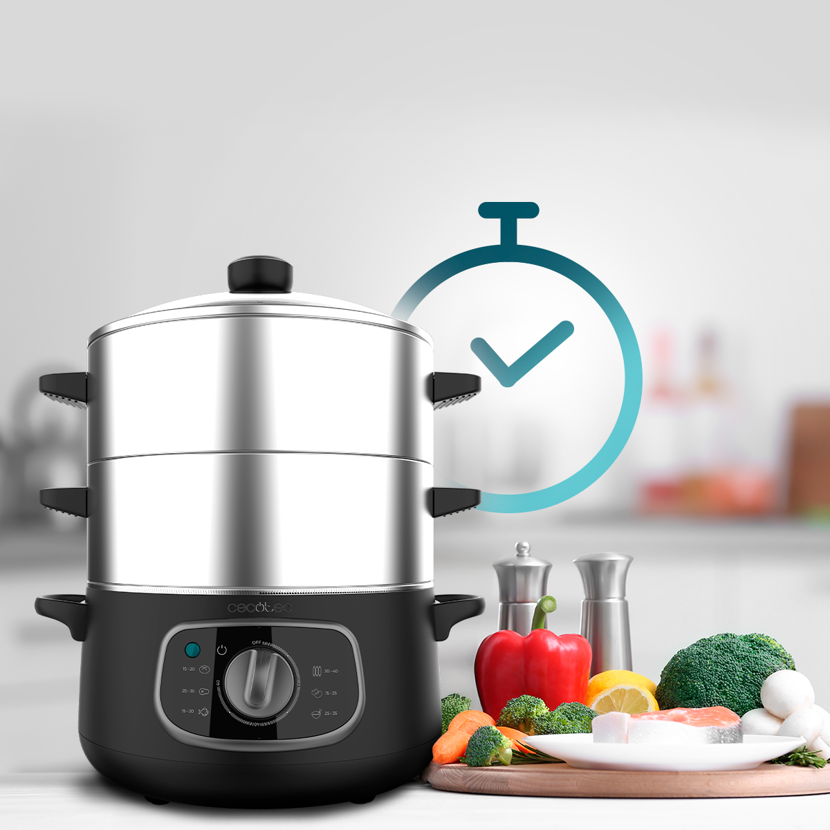 Una vaporiera in acciaio inossidabile a due livelli su un tavolo da cucina con verdure fresche, pesce e un'icona timer.