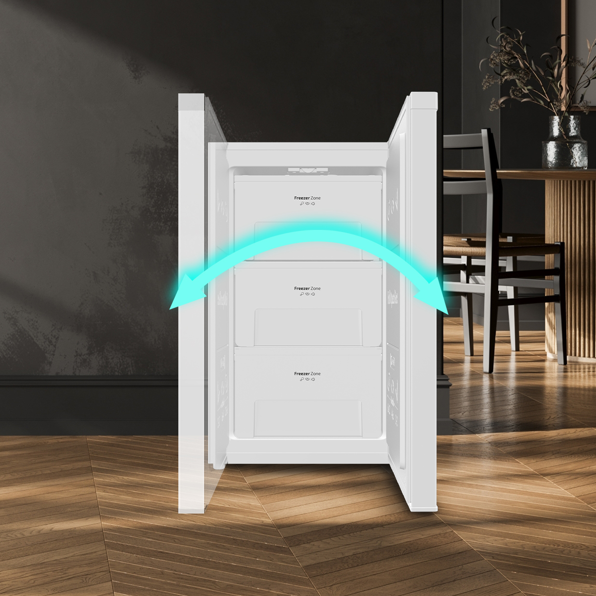 Un congelador blanco con tres cajones sobre suelo de madera en una habitación moderna, con flecha azul de apertura.