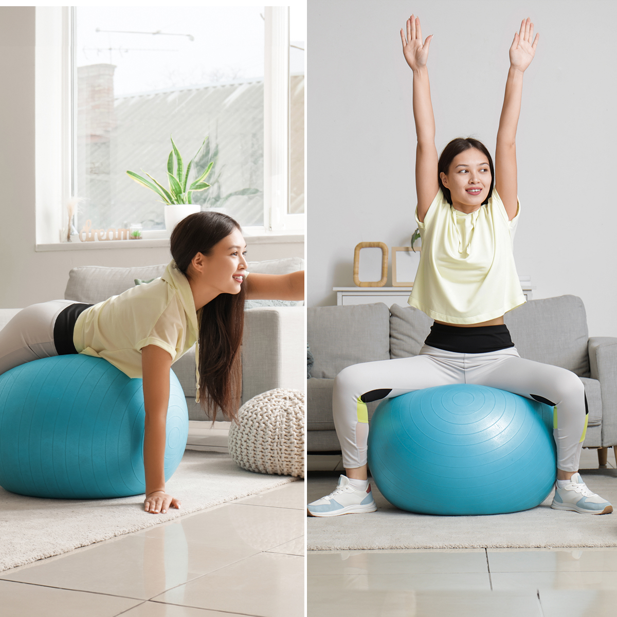 Una mujer sonriente en ropa deportiva hace ejercicio en casa con un gran balón de estabilidad azul en la sala.
